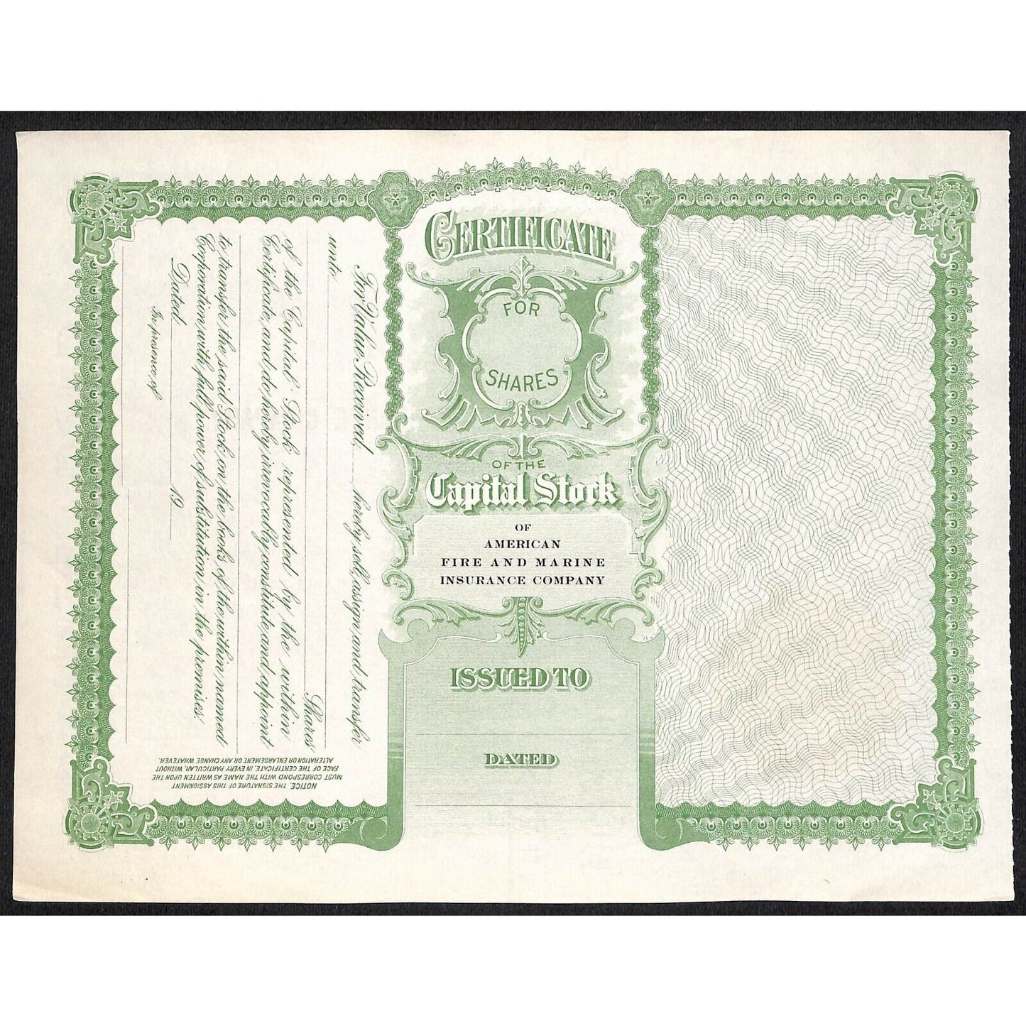 American Fire and Marine Insurance c1946 Stock Certificate - Unissued VGC