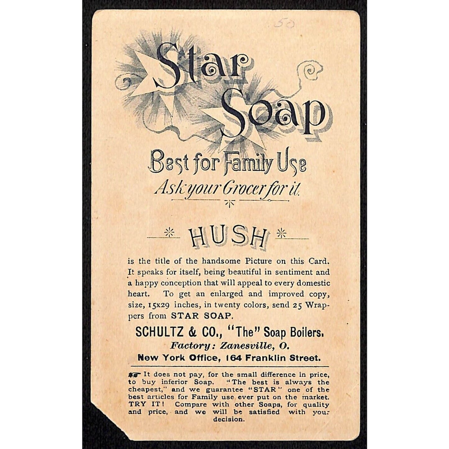Star Soap Schultz & Co. NYC Victorian Trade Card Kids Sleeping on Chair