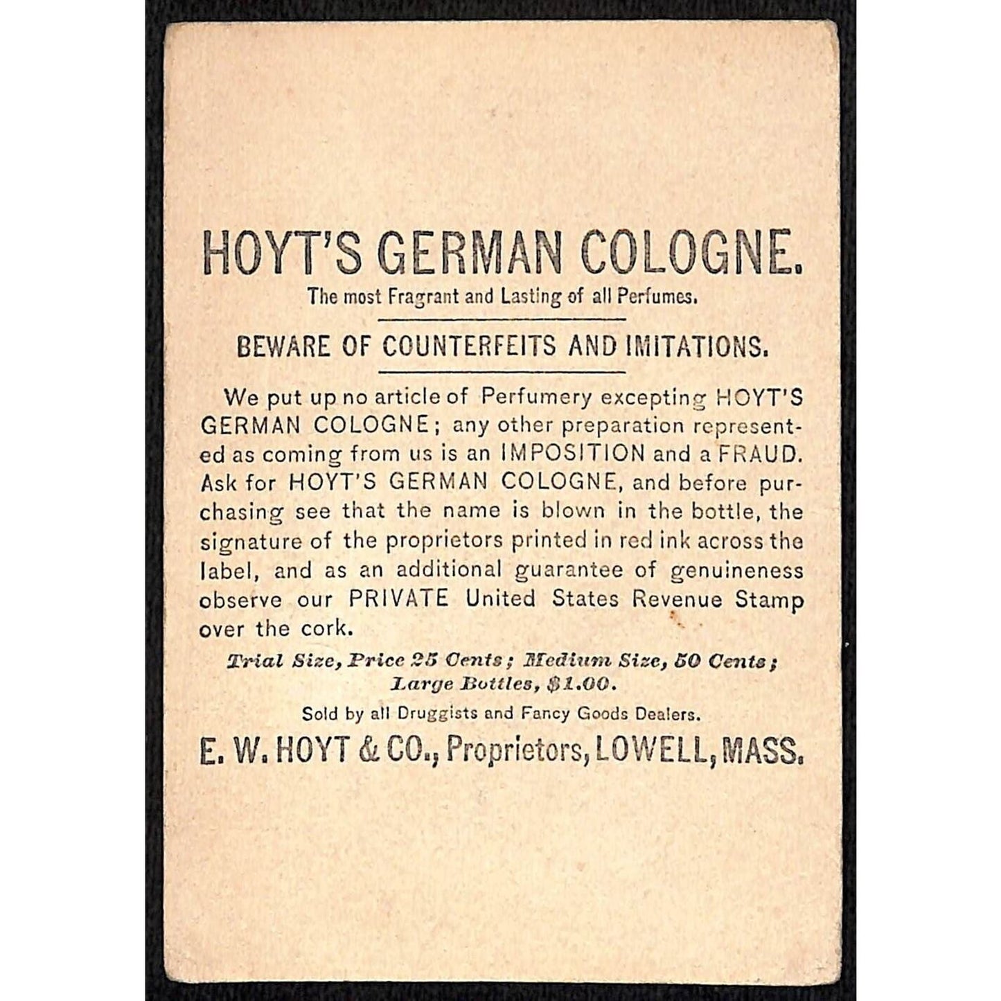 Hoyt's German Cologne Victorian Trade Card Girls Dance Around Hoyt's Bottle