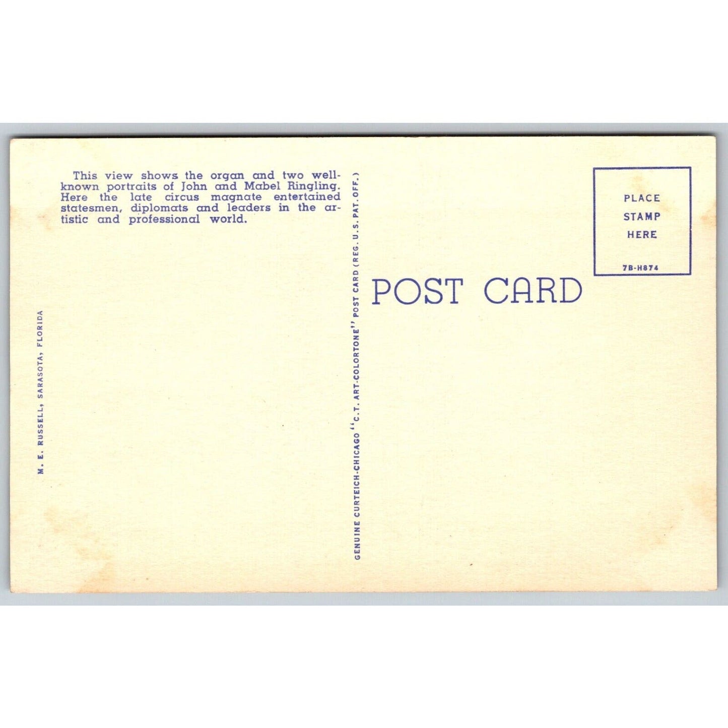 Living Room John Ringling Mansion Sarasota, FL Linen Postcard c1935-50 NP VGC