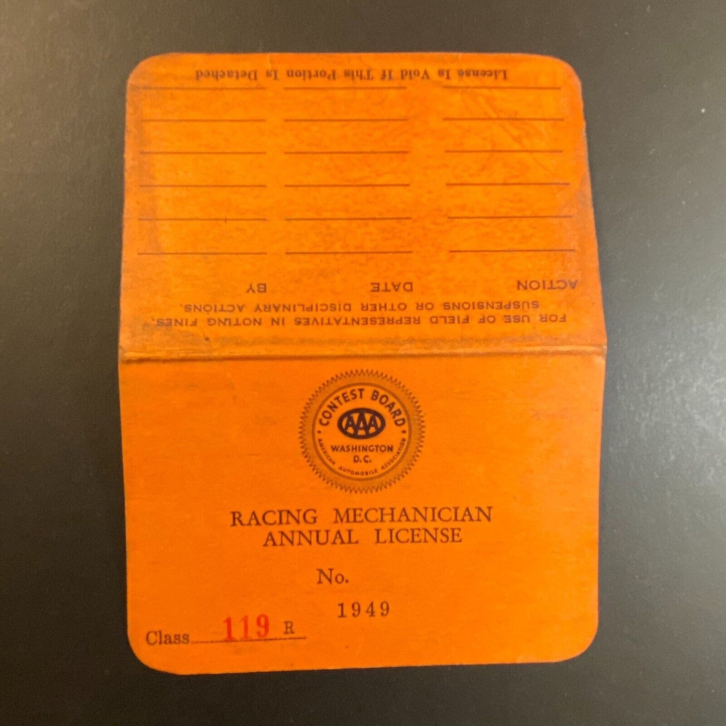 1949 AAA "Racing Mechanician License" "Charles Henry Meyer" ID Card - Scarce