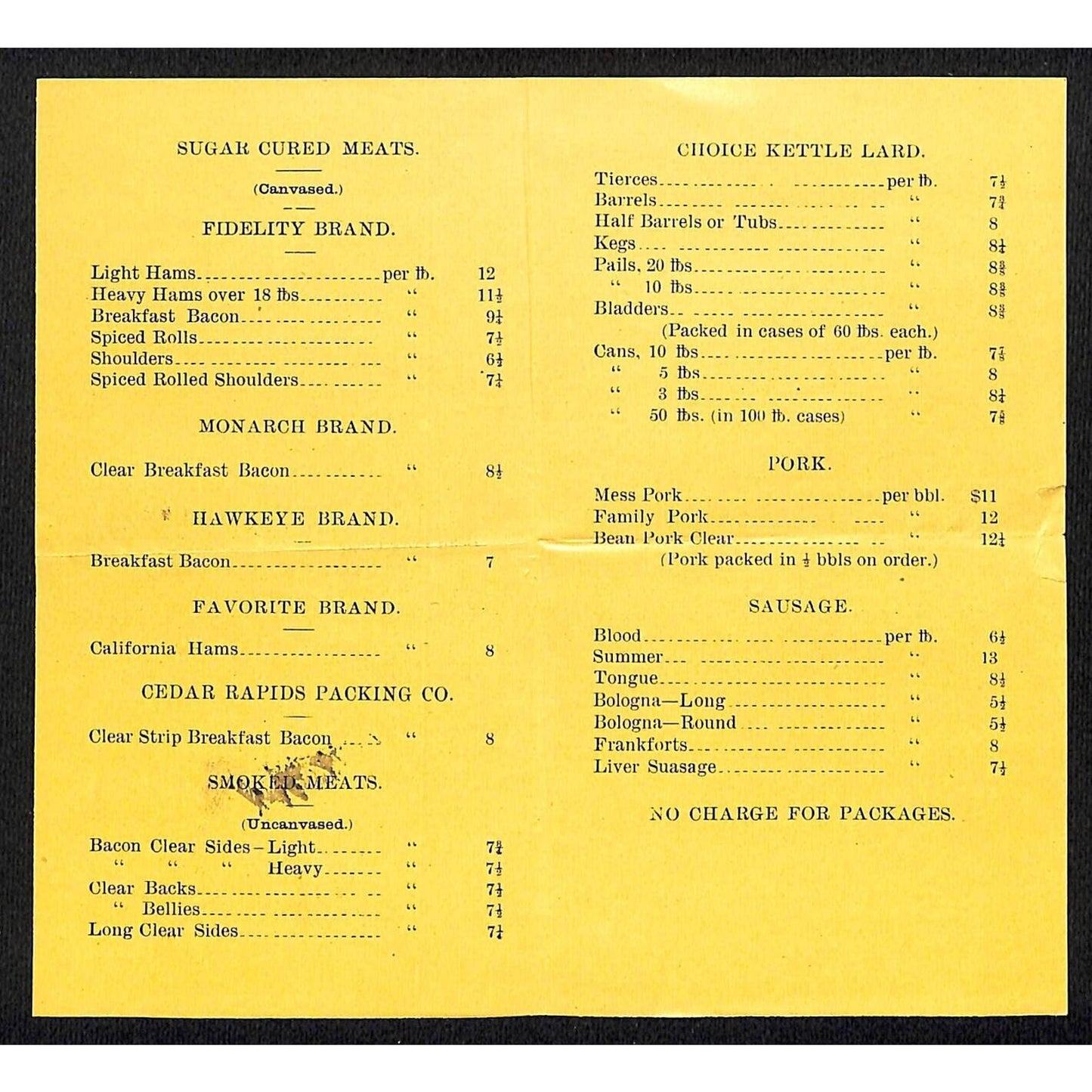 T.M. Sinclair & Co. Pork Packers Cedar Rapids, IA Small Price Sheet 7/8 1886