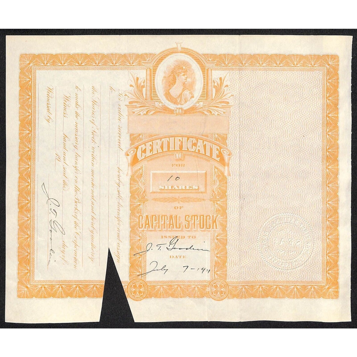 First National Bank of Lovelock, NV 1911 Stock Certificate to J.T. Goodin *