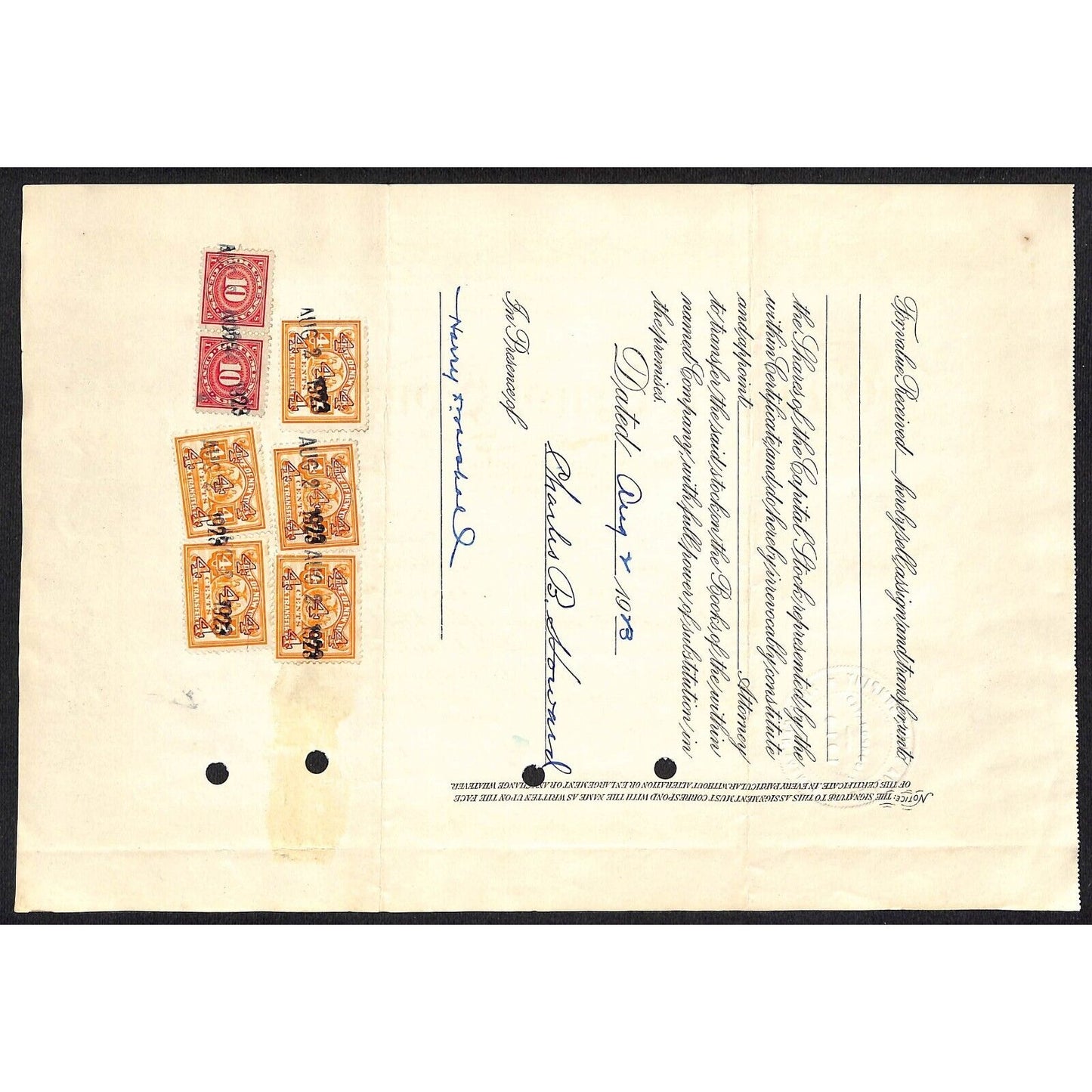 Geneva Trust Company NY 1919 Stock Certificate to Charles B. Howard #138 Tax