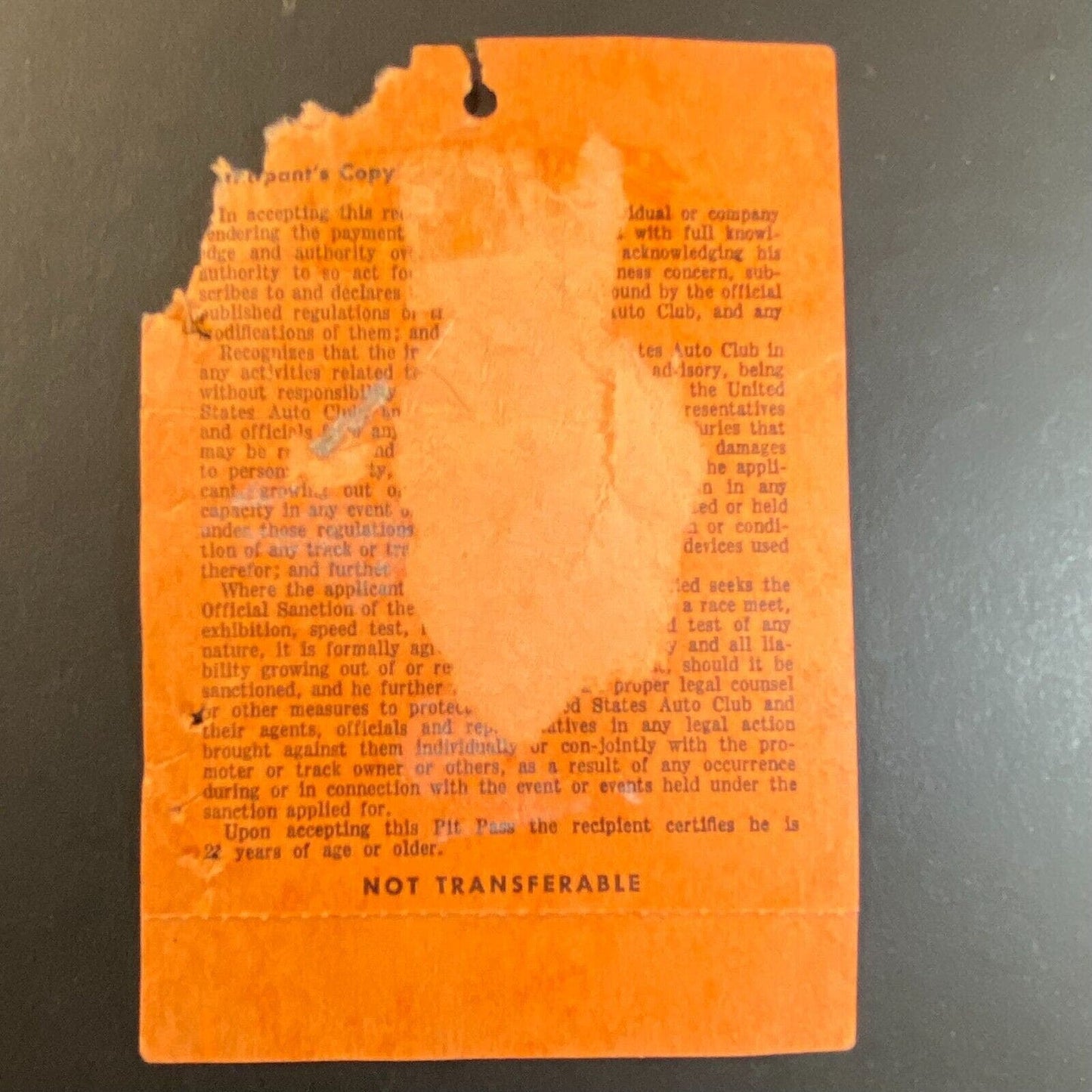 June 11 1966 Reading, PA USAC Pit Pass w/ Tear Loss