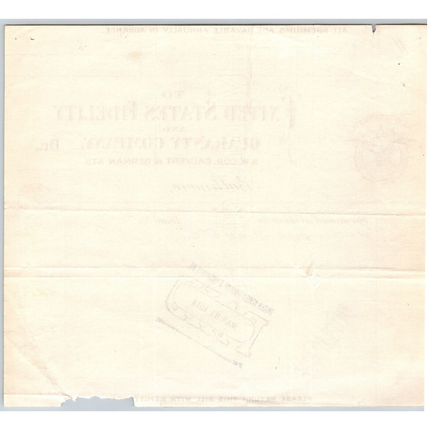 Baltimore United States Fidelity 1914 Premium Receipt Billhead