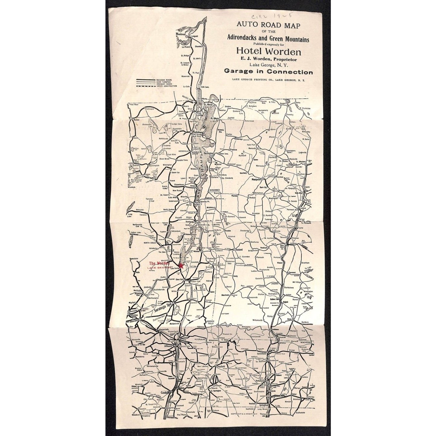 The Worden Lake George c1925 Auto Road Map Adirondacks Green Mountains Scarce #2