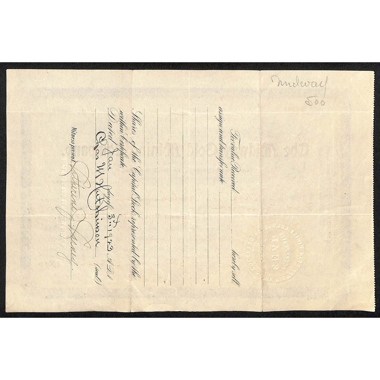 Midway Gold Mining Co. 1906 Stock Certificate w/ Warren Woods Sig. #2430