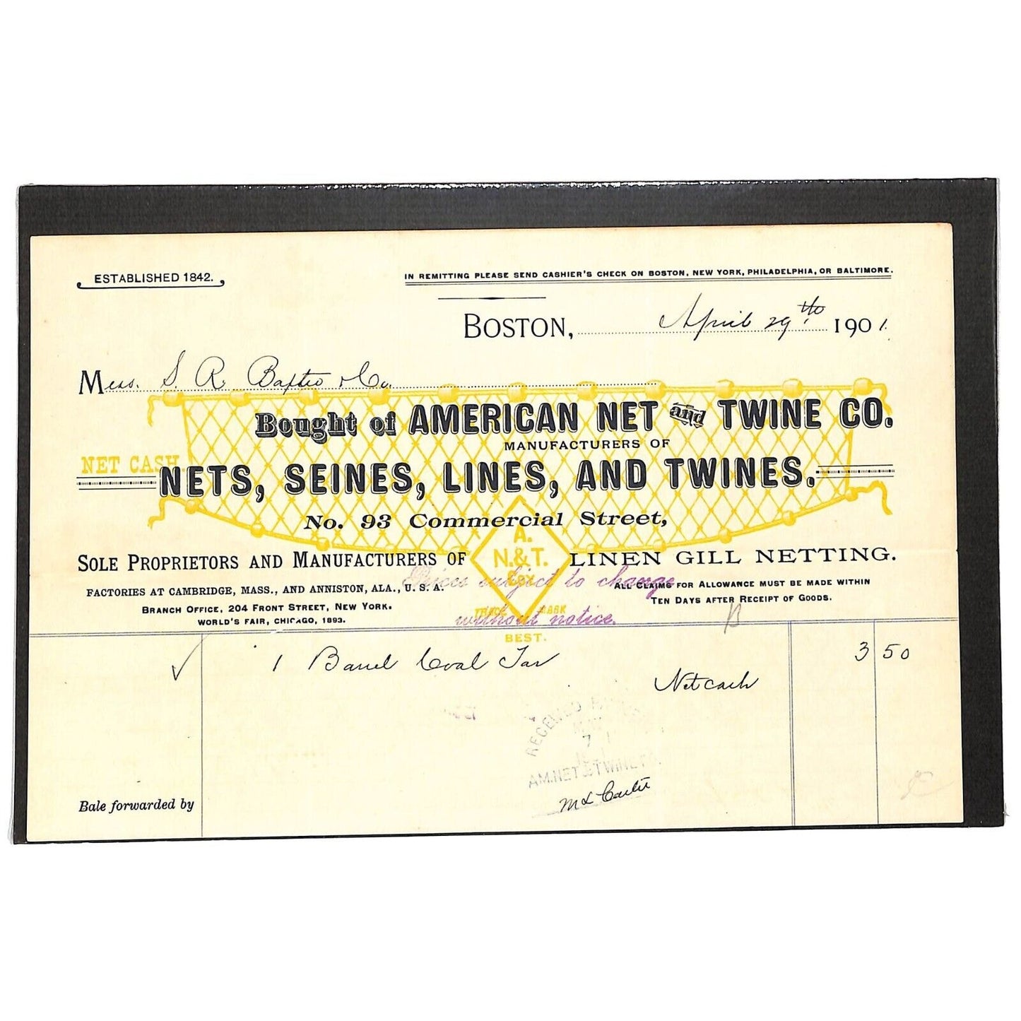 American Net and Twine Co. Boston 1901 Coal Tar Billhead (Nickerson & Baxter)