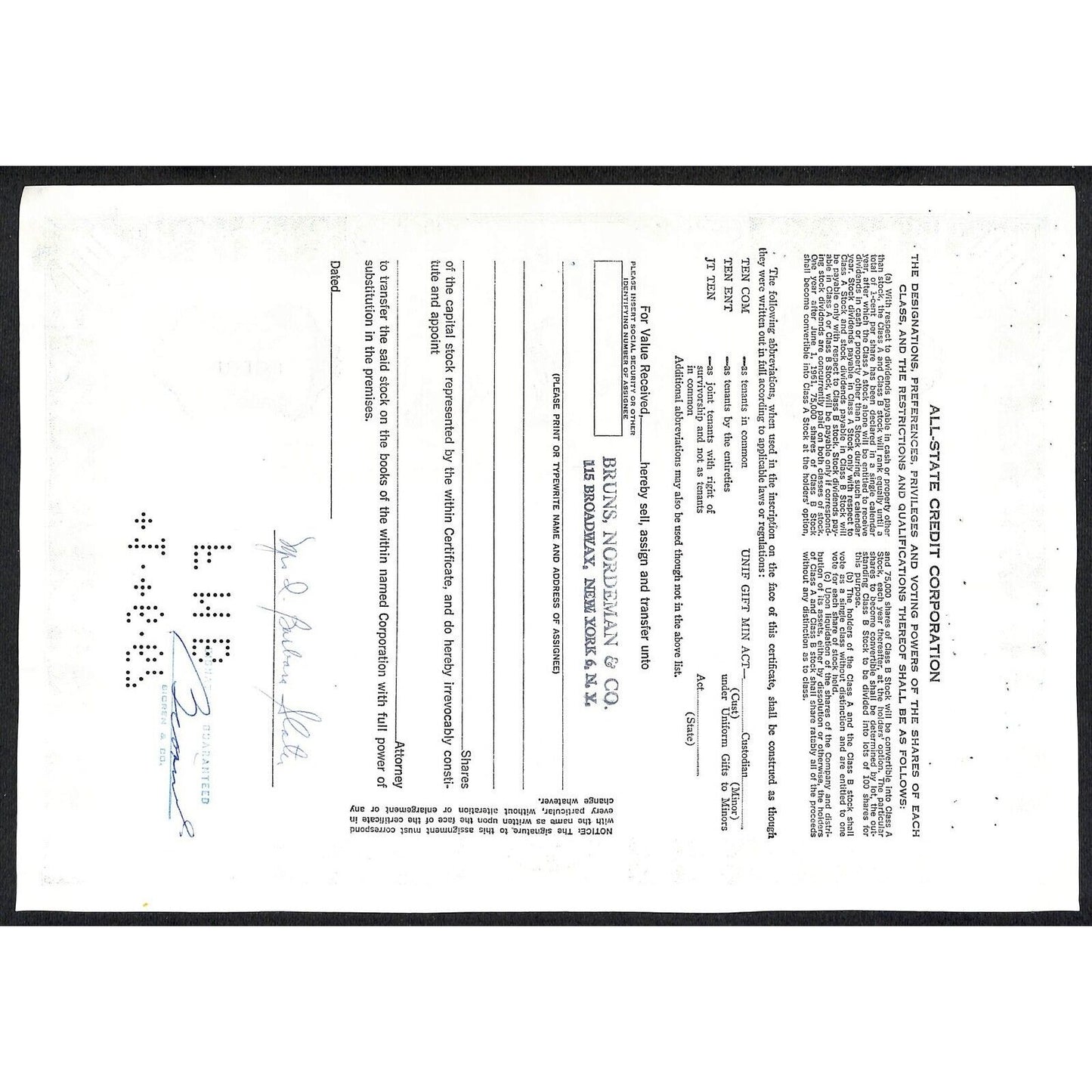 All State Credit Corporation NY 1966 Stock Certificate / Mrs. I Barbara Slater