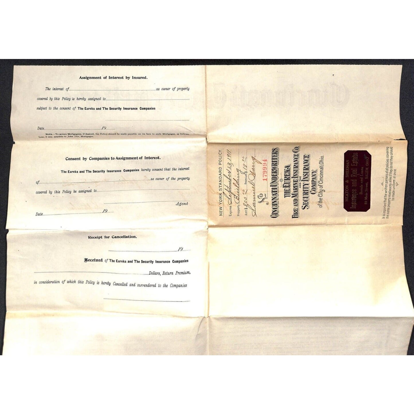 Eureka Fire & Marine Insurance Samuel Wang Co* North Georgetown 1911 Policy