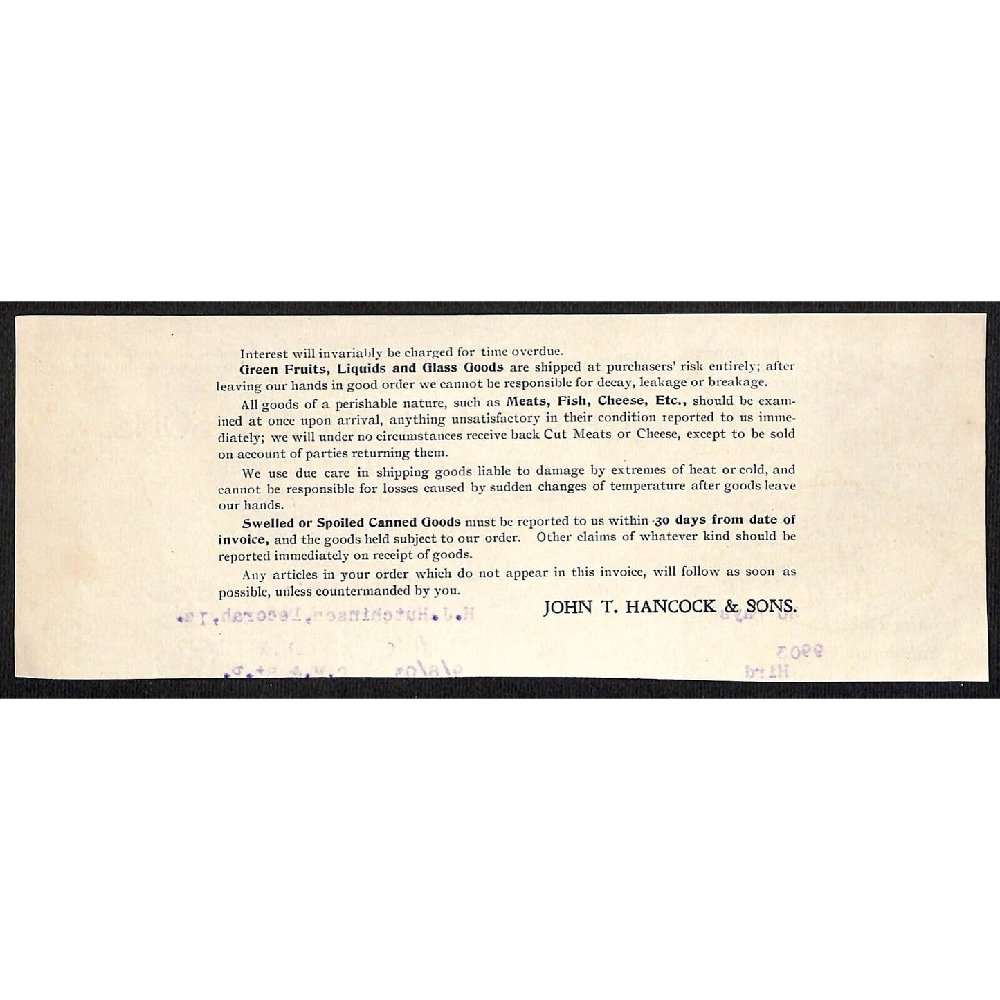 John T Hancock & Sons Dubuque Grocers - Hutchinson Decorah* 1903 Cut Billhead