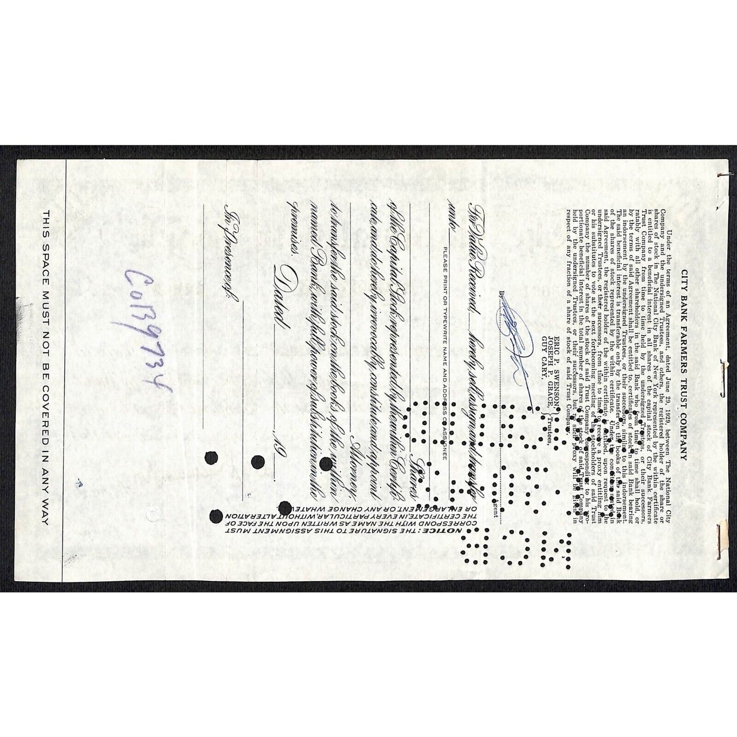 National City Bank of New York 1942 Stock Certificate to Mabel H. Croft