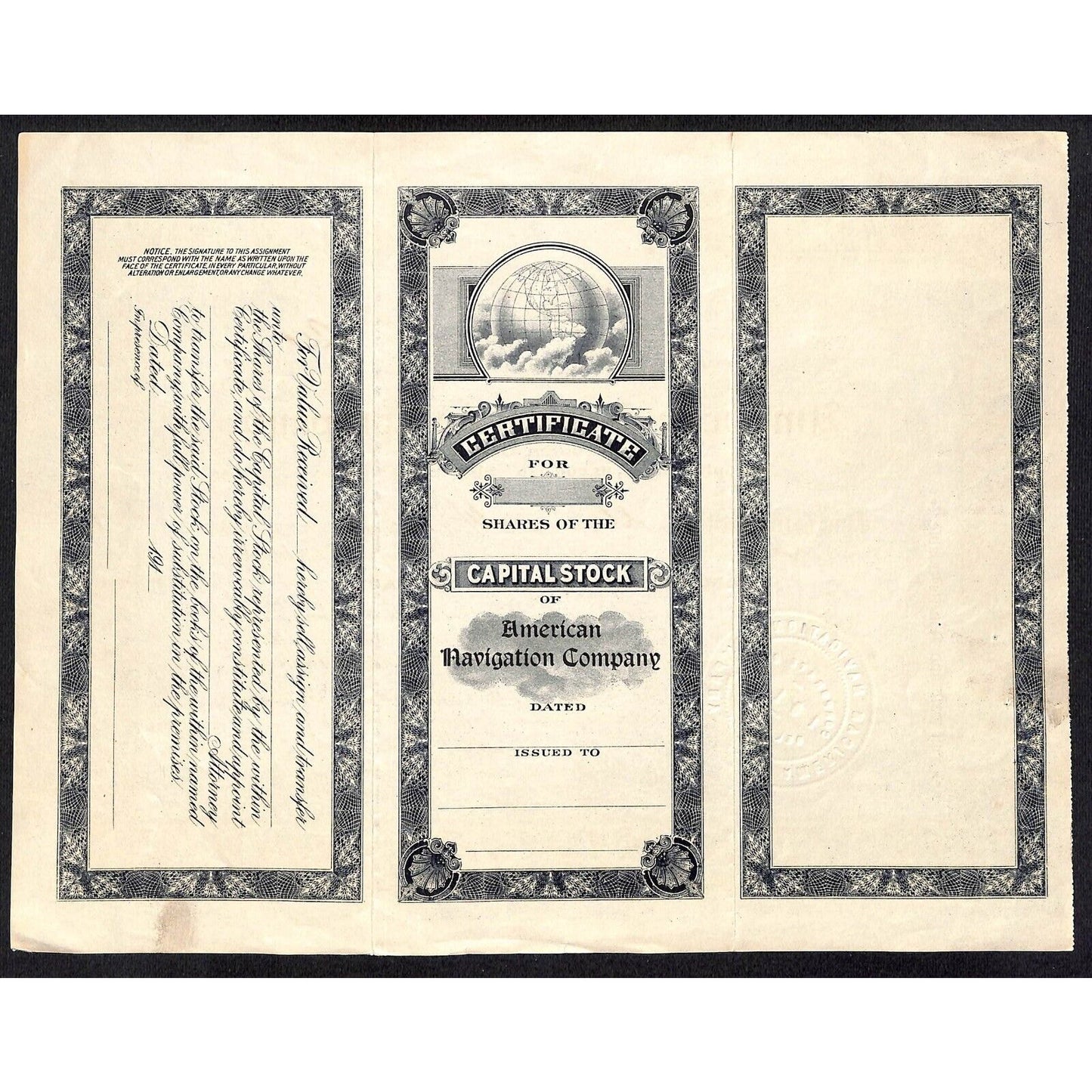 American Navigation Company 1916 Stock Certificate Tax Stamp Alexander W. Napier