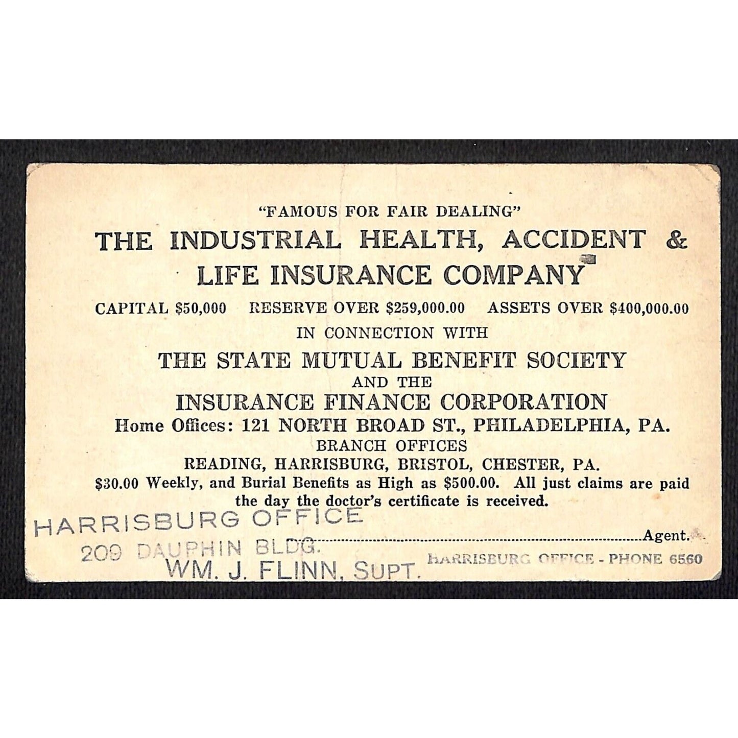 Find the Clown Game Insurance Co. Wm. J. Flinn Harrisburg, PA c1920s Trade Card
