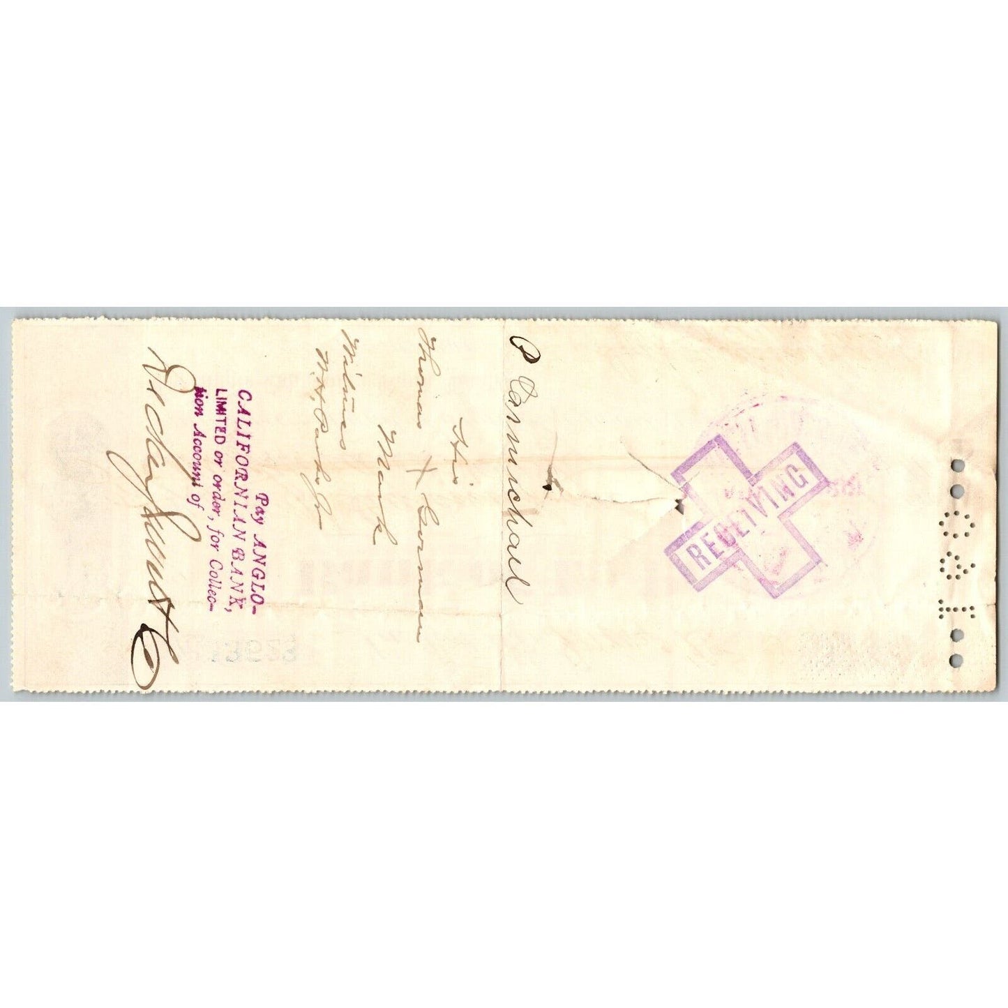 Bank of La Porte Check Peter Carmichael 1885 Mining Vignette #13523