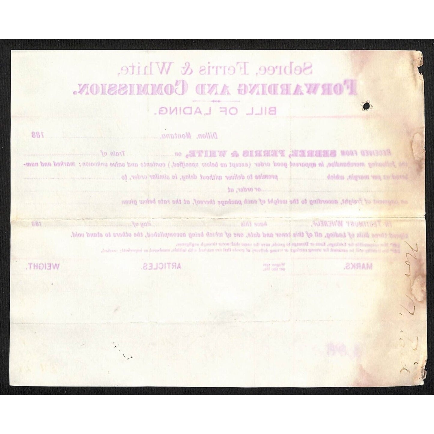 1883 Bill of Lading Sebree, Ferris Henry Elling* 1,610Lbs. 12 Bdls. Sheet Iron