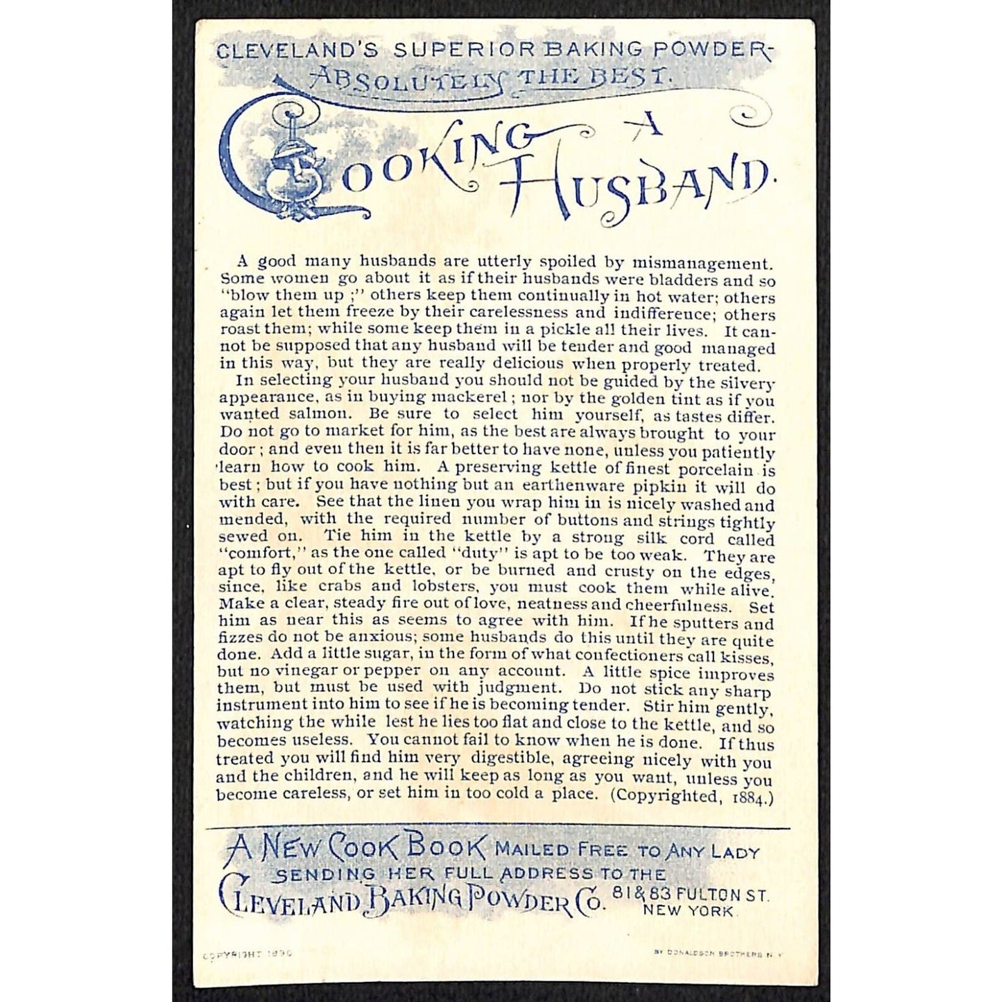 Cleveland's Baking Powder Victorian Trade Card Funny "Cooking a Husband"