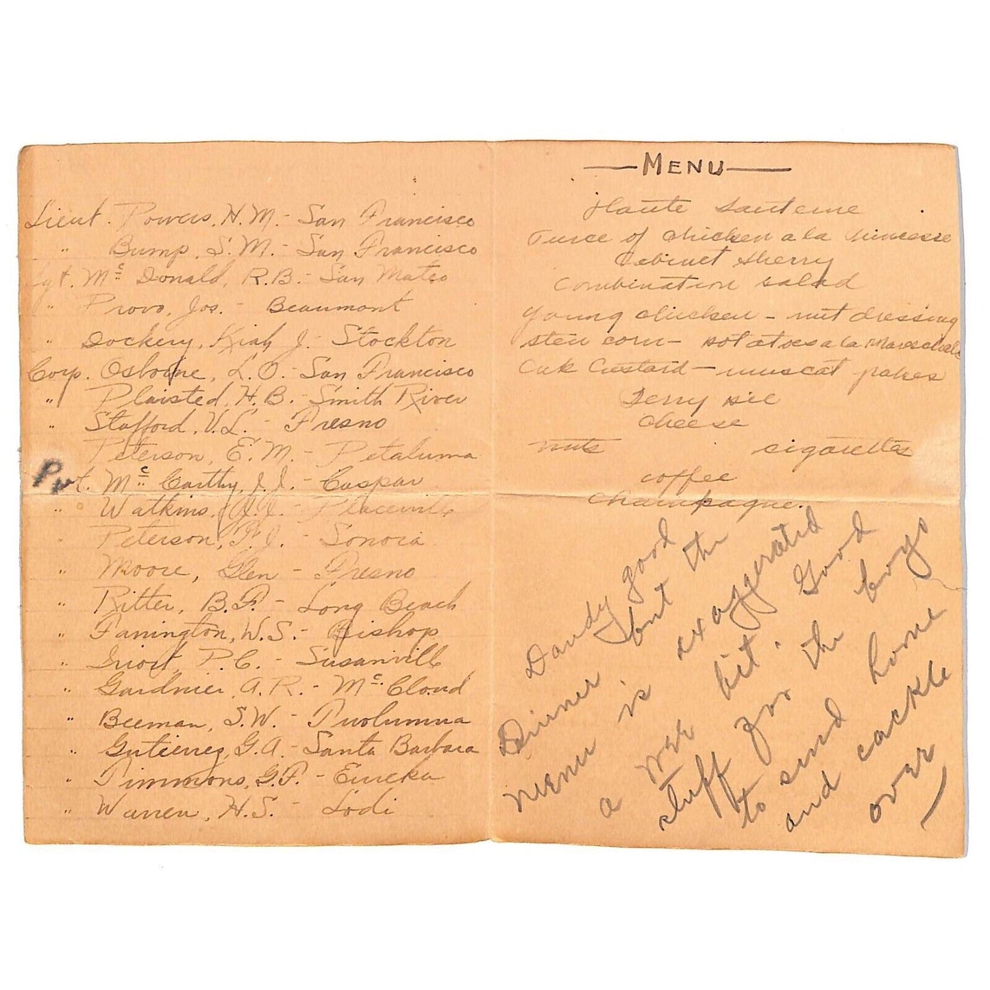 California Day in the A.E. F. "Somewhere in France" WWI Menu - List of Attendees