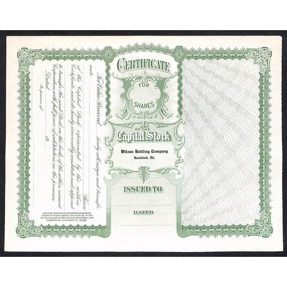 Wilson Bottling Co. Rockford, IL (Twin Lights) c1940's Stock Certificate #159