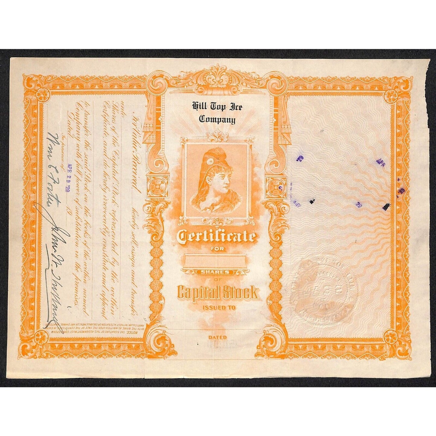 Hill Top Ice Company Pittsburgh 1929 Stock Certificate John Hubbard #33 Scarce