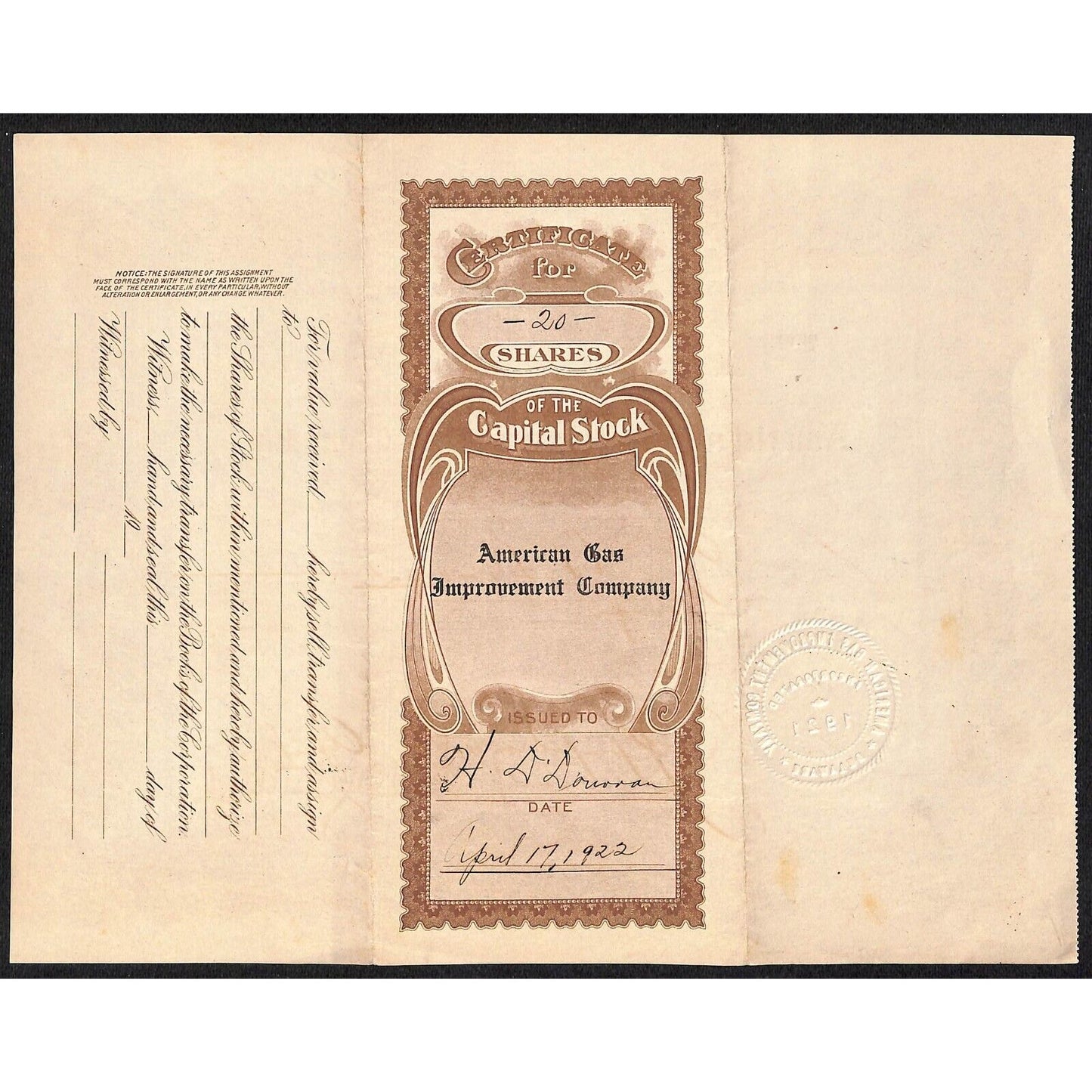 American Gas Improvement Company 1922 Stock Certificate H.D. Donovan