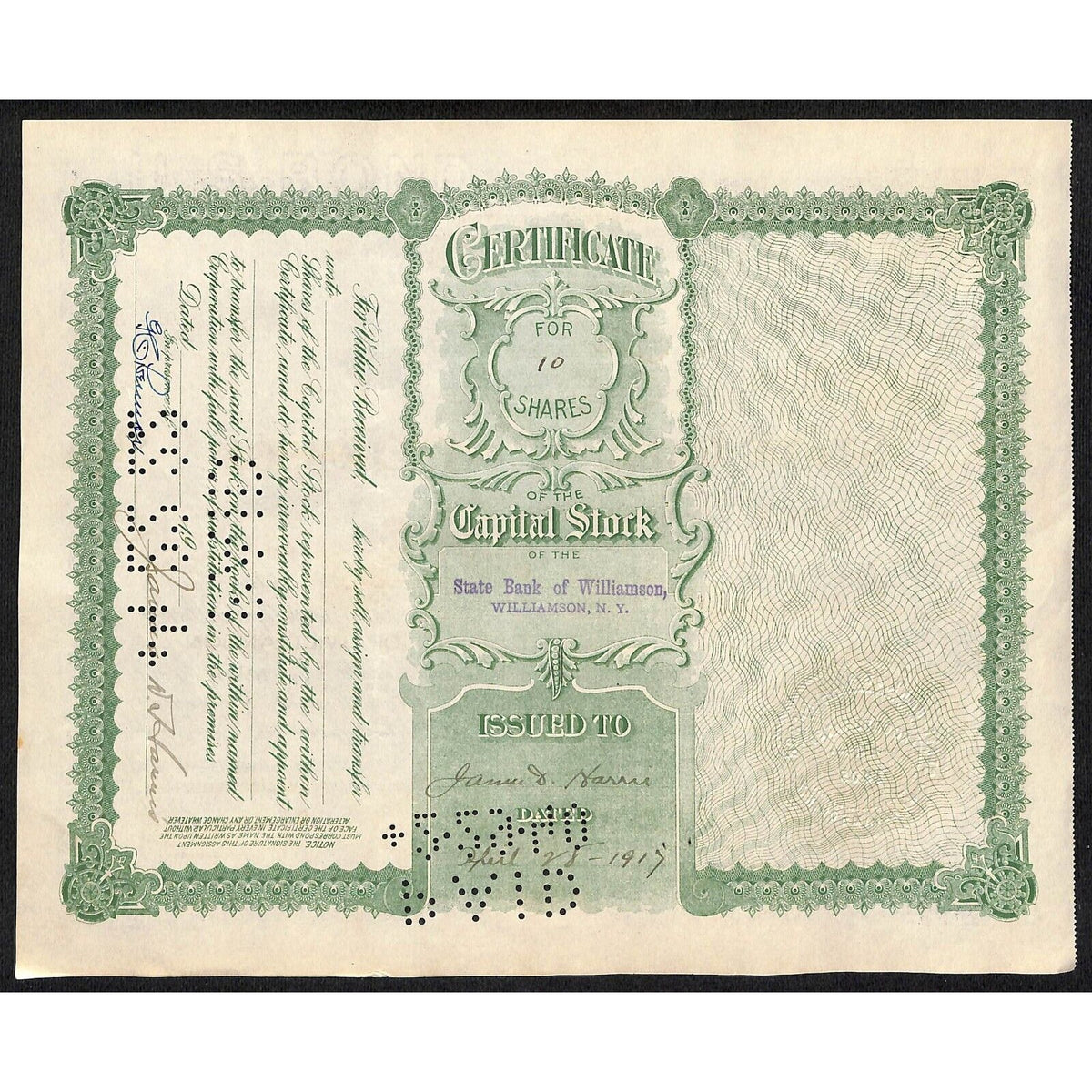 State Bank of Williamson NY 1917 Stock Certificate to James D. Harris ? Scarce
