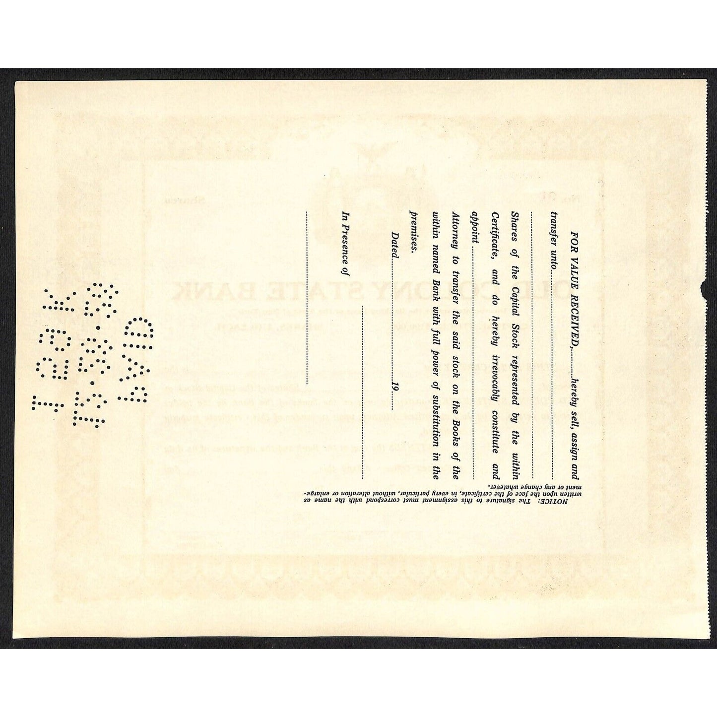 Old Colony State Bank NY c1925 (1928 Cancel) Stock Certificate Unissued #90 VGC