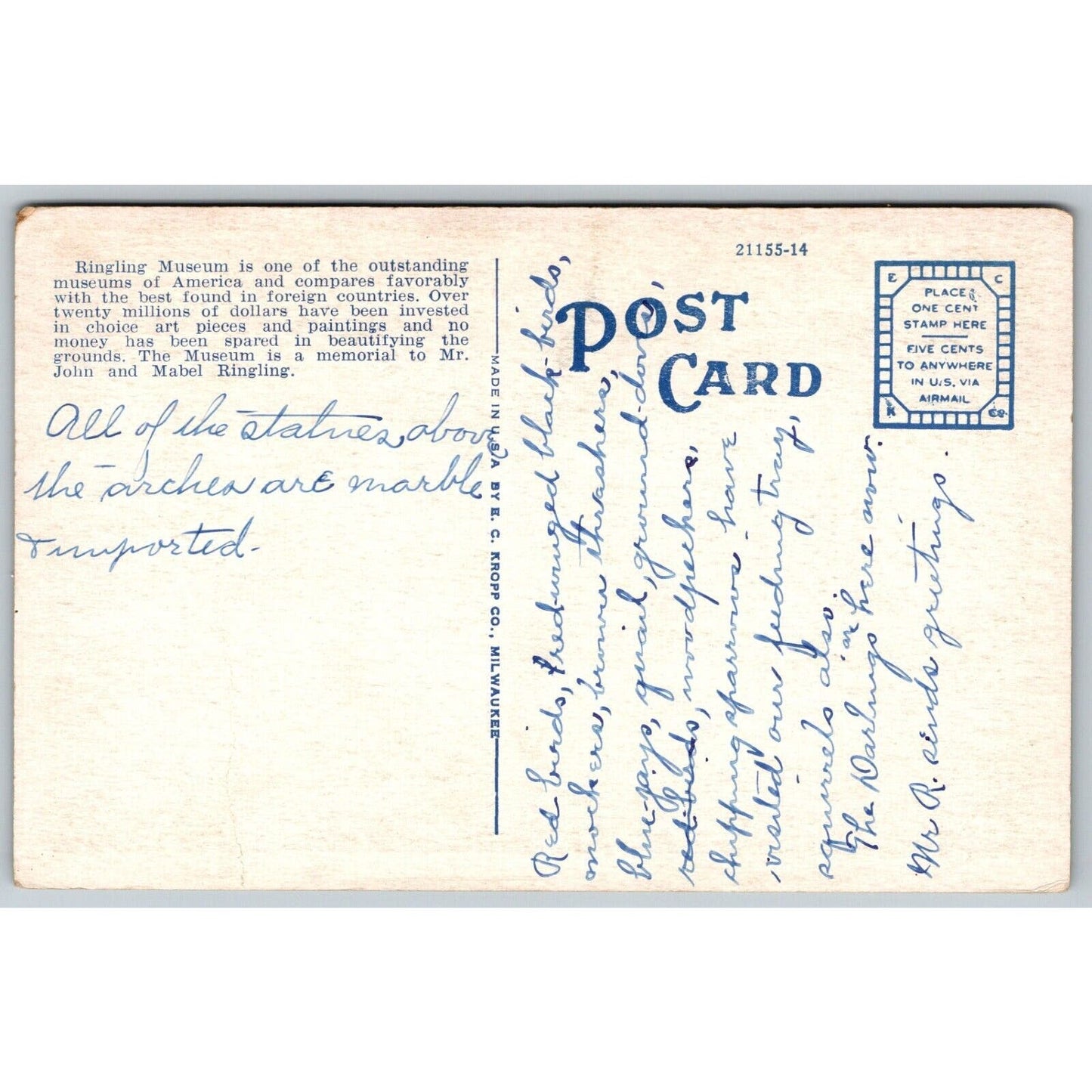 Fountain in Court of Ringing Art Museum Sarasota Circus Postcard c1935
