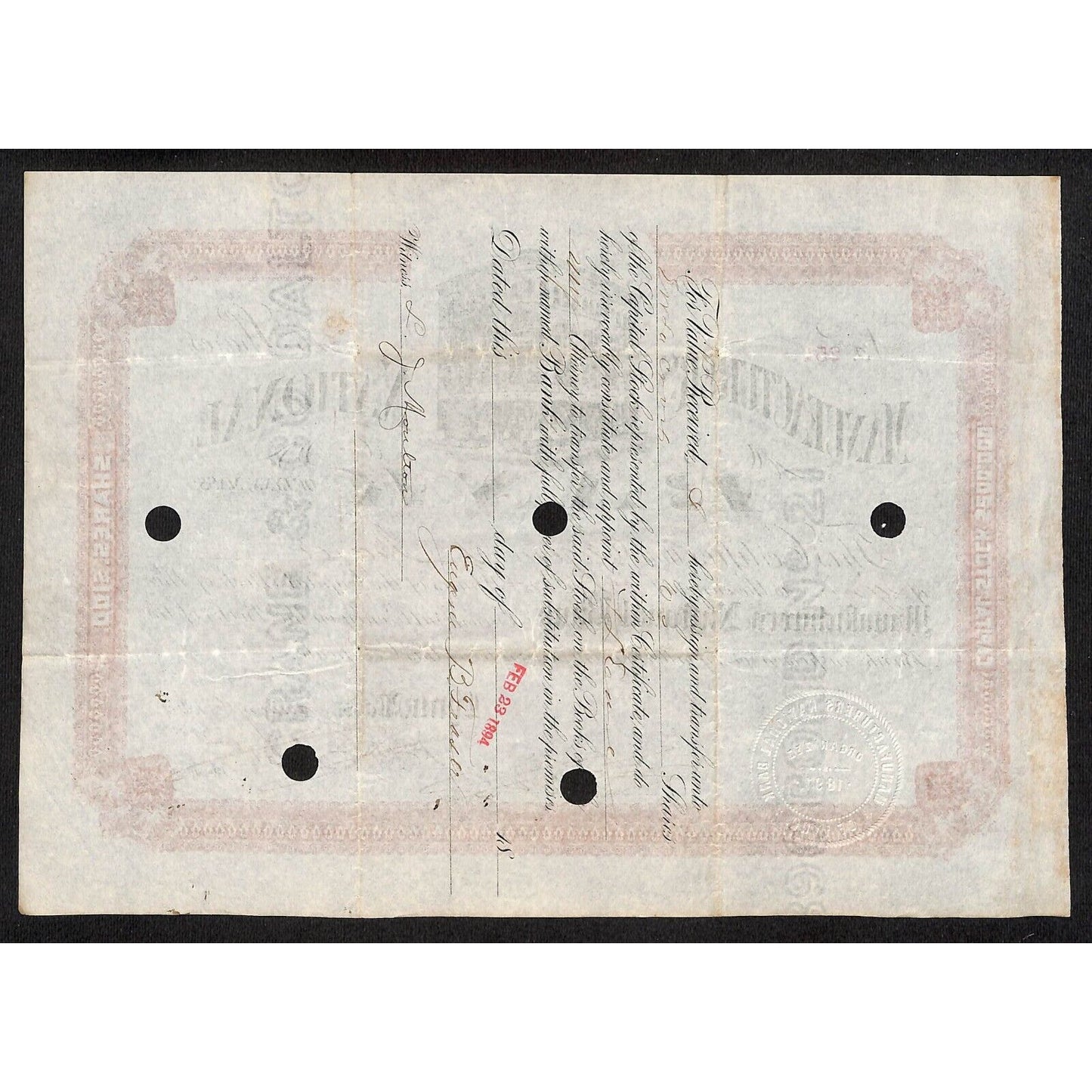 Manufacturers National Bank of Lynn, MA 1893 Stock Certificate Eugene B. Fraser