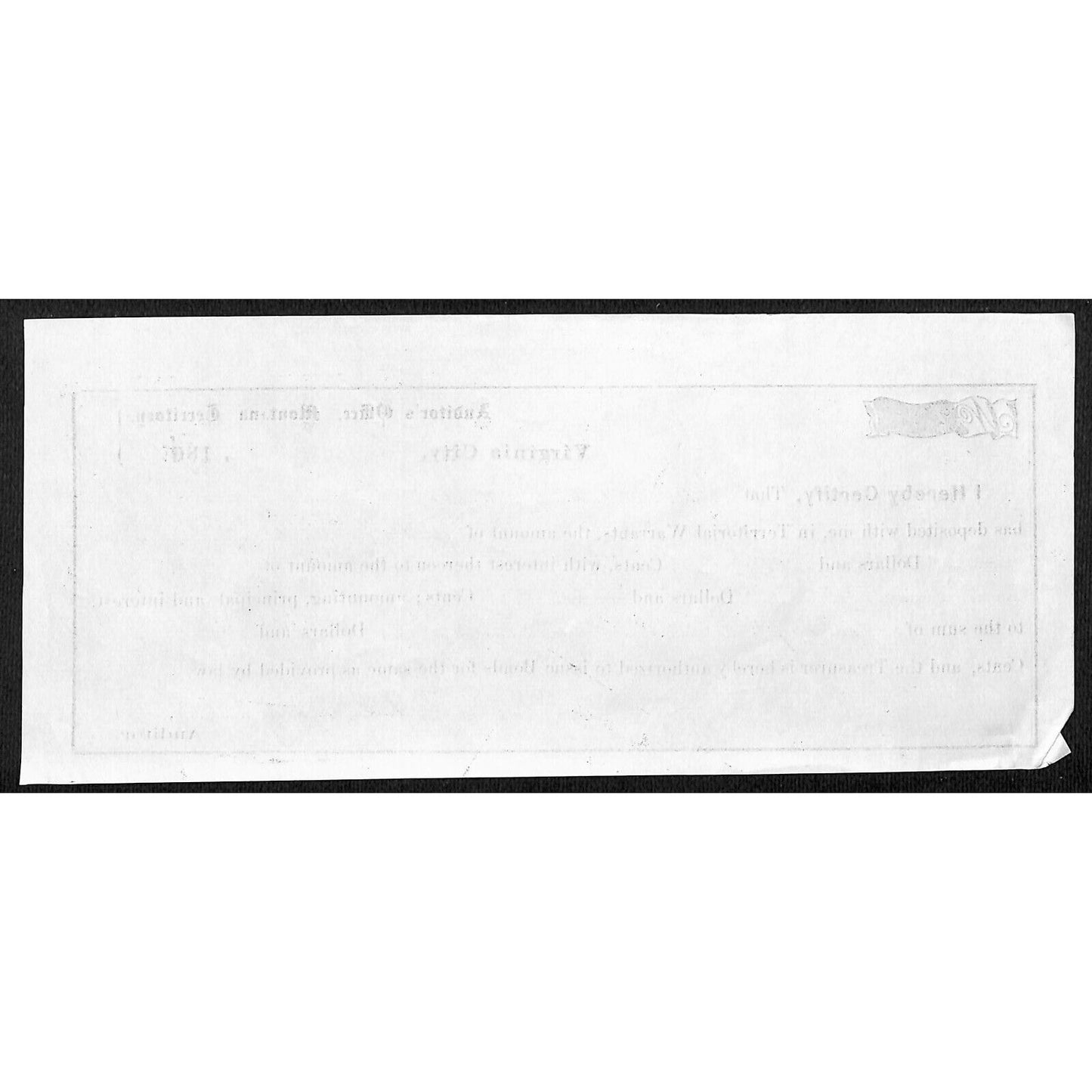 1870 Virginia City, MT Territorial Warrant Deposit Receipt - Thomas Stevens