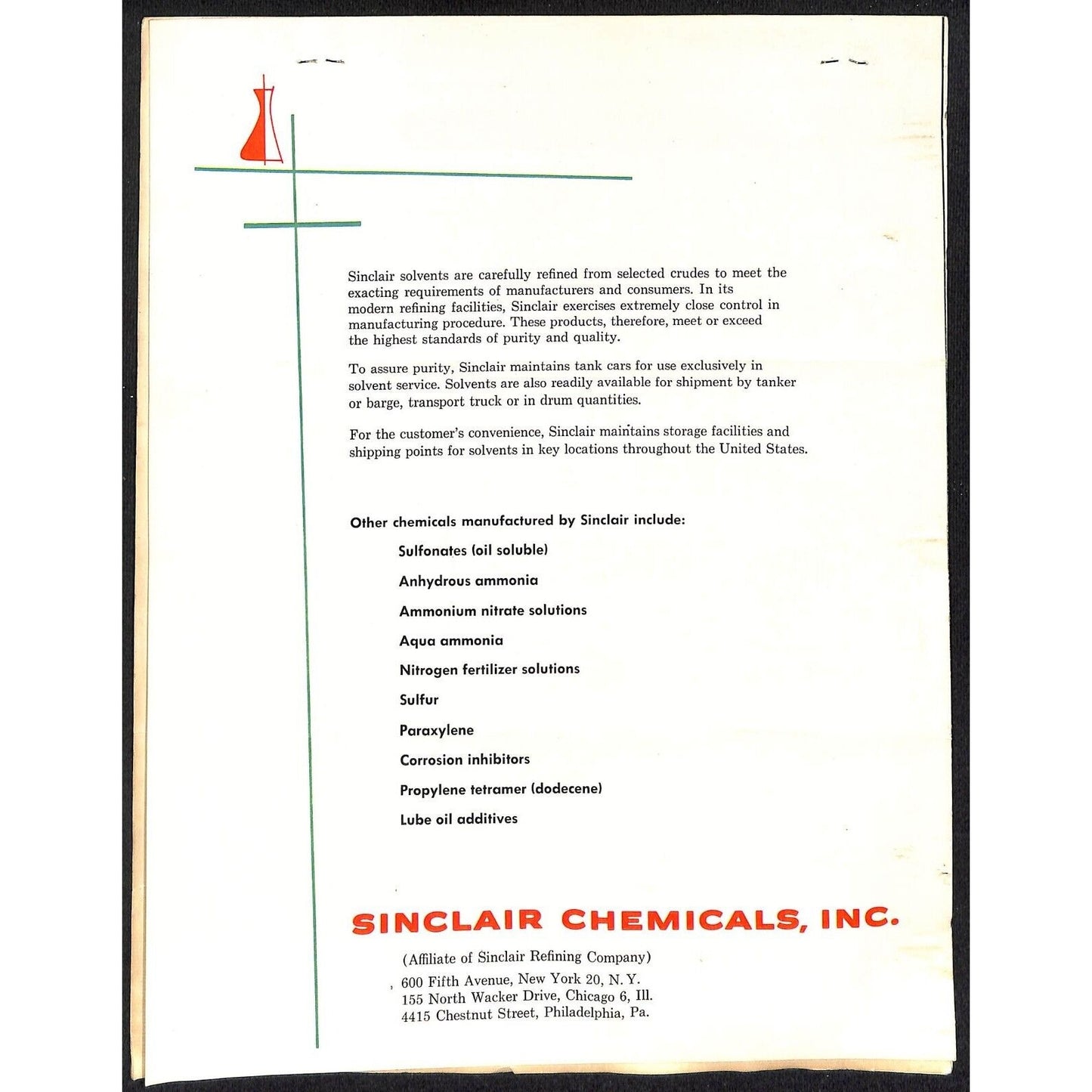 Sinclair Oils 1958 Letterhead + 3pp & "Sinclair Solvents Typical Tests Chart
