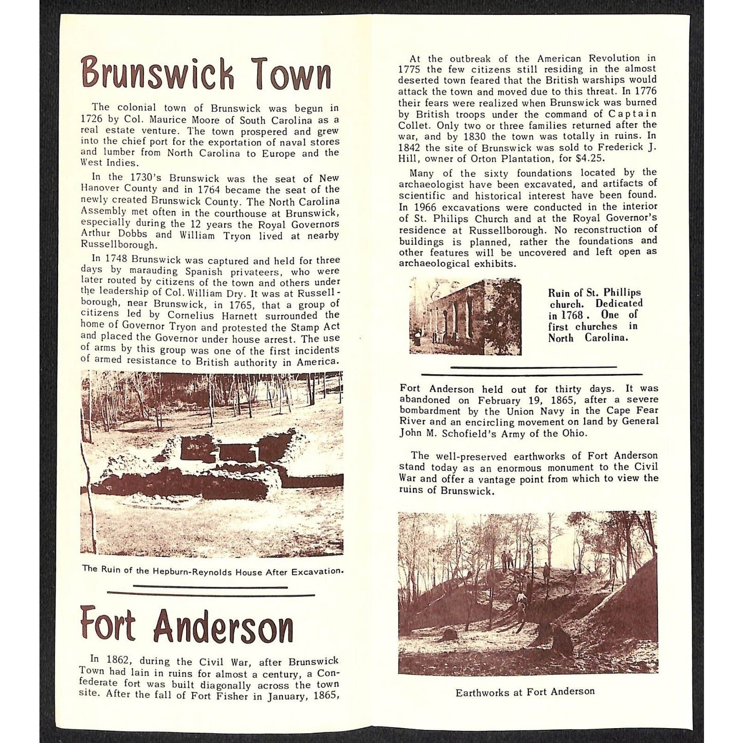 Brunswick Town - Fort Anderson North Carolina c1980's Travel Brochure w/ Map