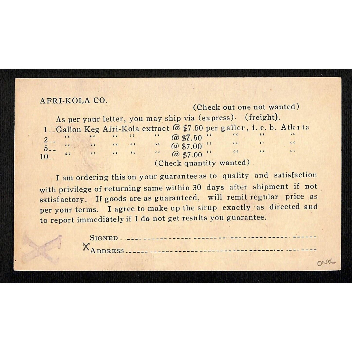 Afri-Kola Atlanta, GA Gallon Keg Extract Order Postcard w/ Prices c1920's VGC