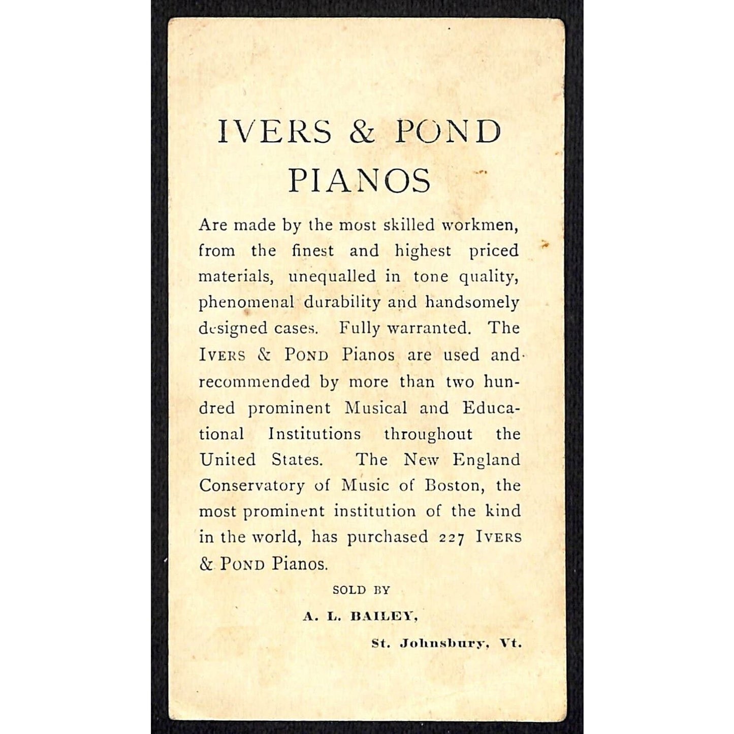 Ivers & Pond Pianos St. Johnsbury, VT Victorian Trade Card Girl w/ Snow Shovel