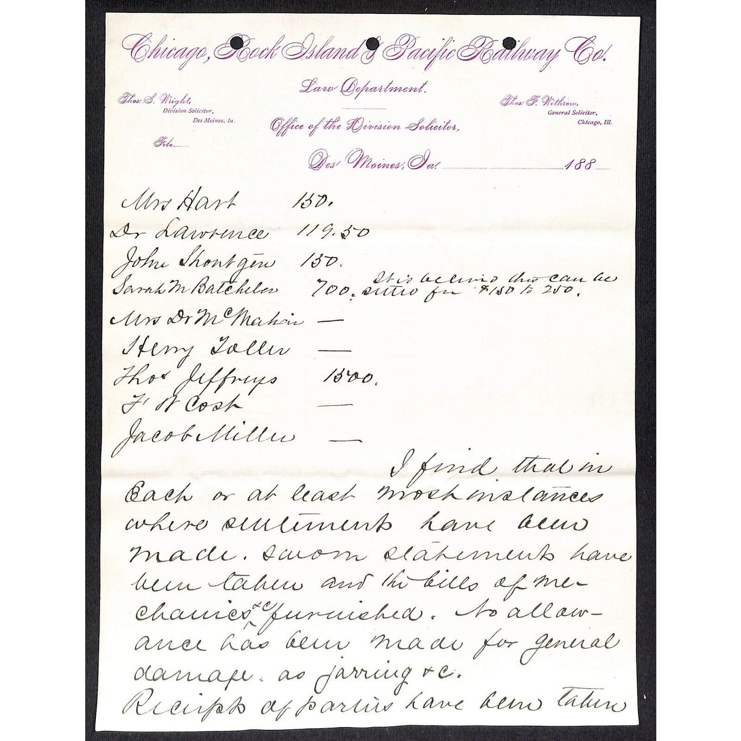 Chicago, Rock Island & Pacific Law Dept. c1882 Partial 2pp Letterhead