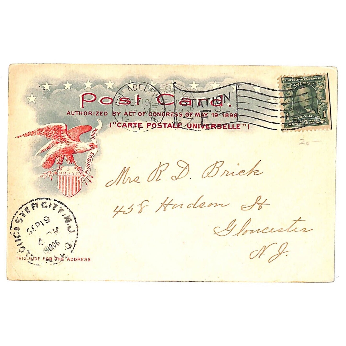 Independence Hall Philadelphia 1776 Patriotic Postcard PM 1906 w/ Glitter