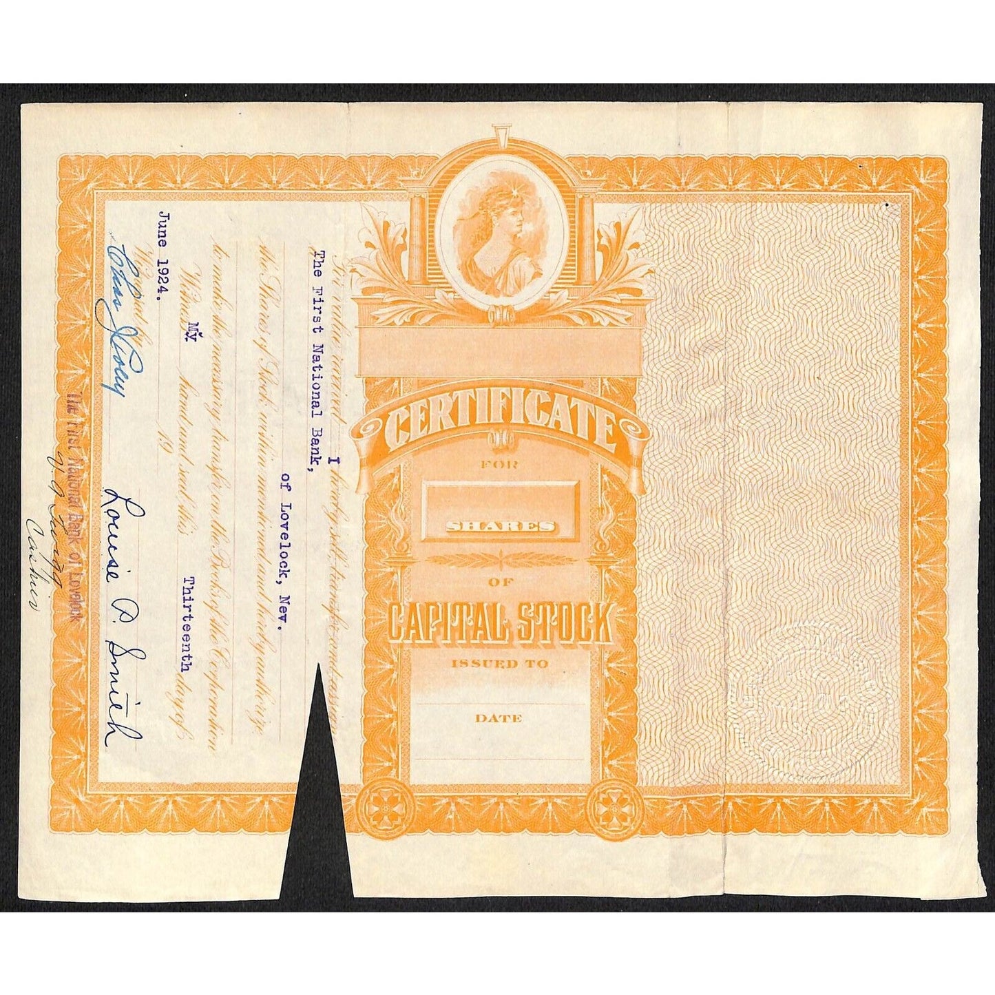 First National Bank of Lovelock, NV 1911 Stock Certificate to Louise P. Smith *