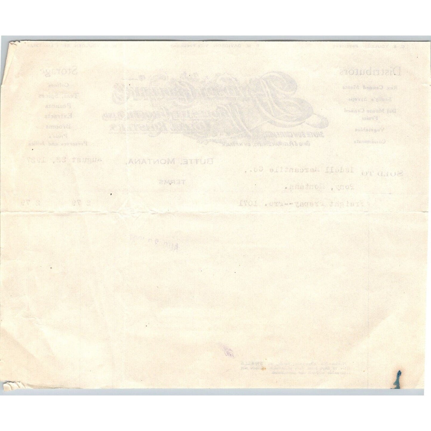 Butte, MT Davidson Crockery Grocers Coffee Roasters 1927 Billhead