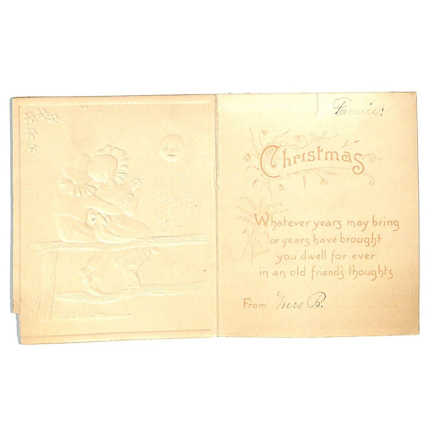 "To Greet You" Victorian ? Romantic Christmas Card Embossed w/ Moon Face