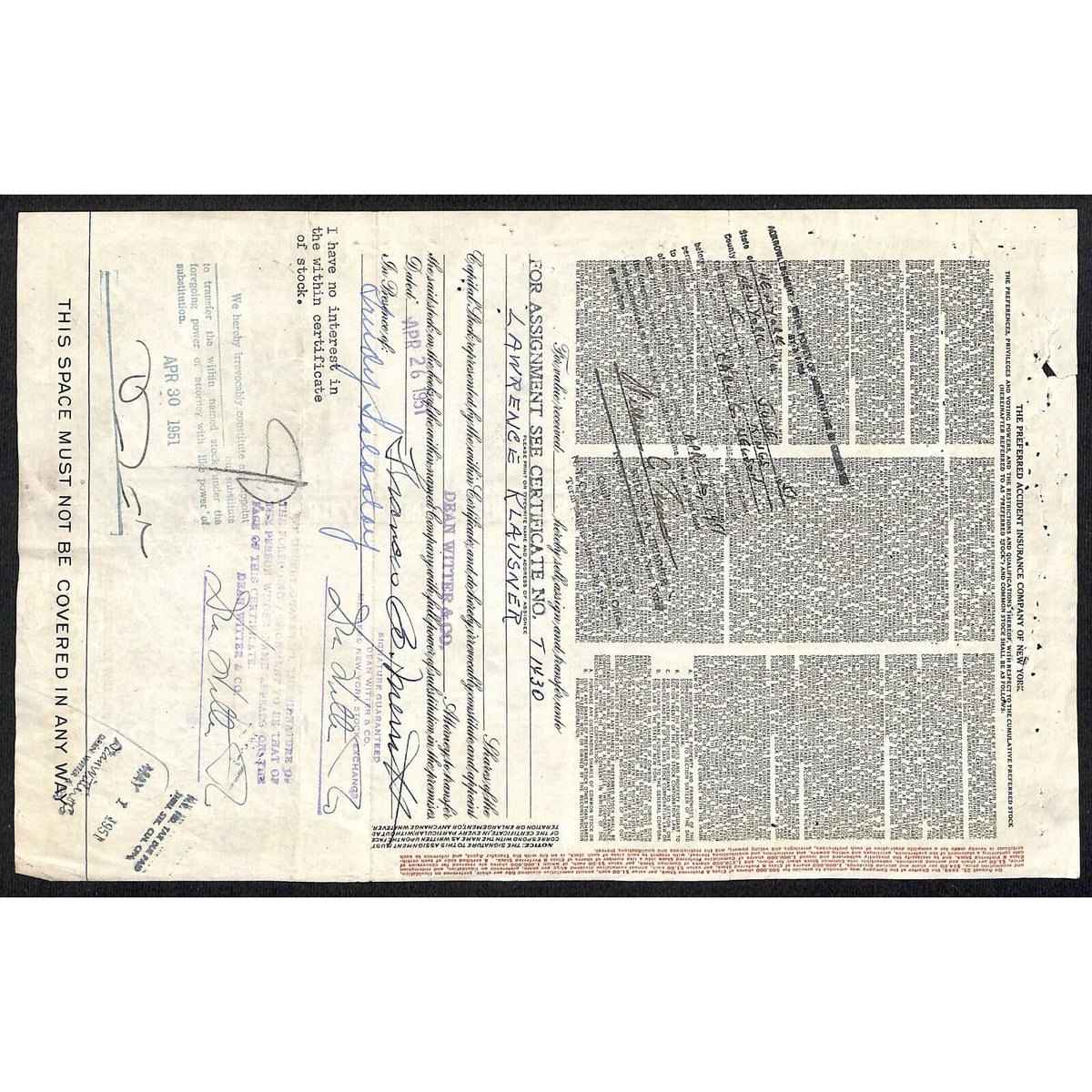 Preferred Accident Insurance of NY 1949 Stock Certificate to Francis B. Merritt