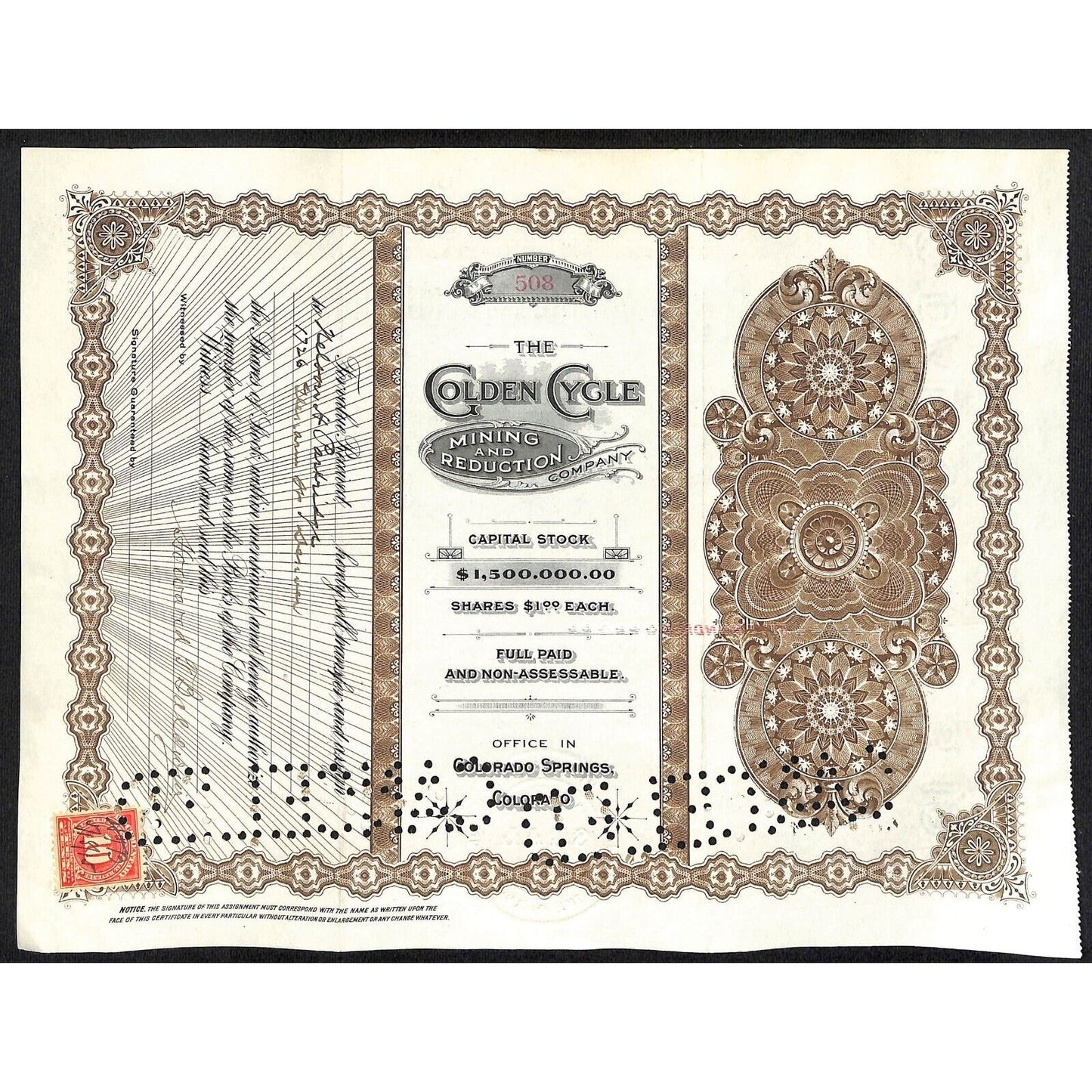 Golden Cycle Mining 1915 Stock Certificate w/ A.E. Carlton Sig. #508