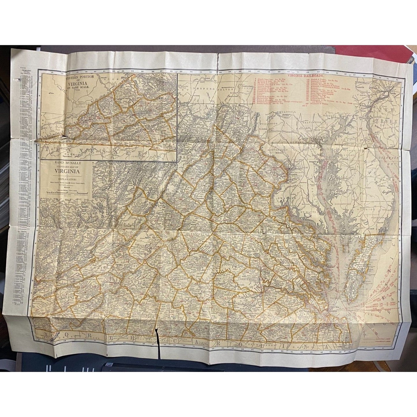 Rand McNally Tourists' Guide Virginia Indexed Pocket Map 21" x 28" c1920's