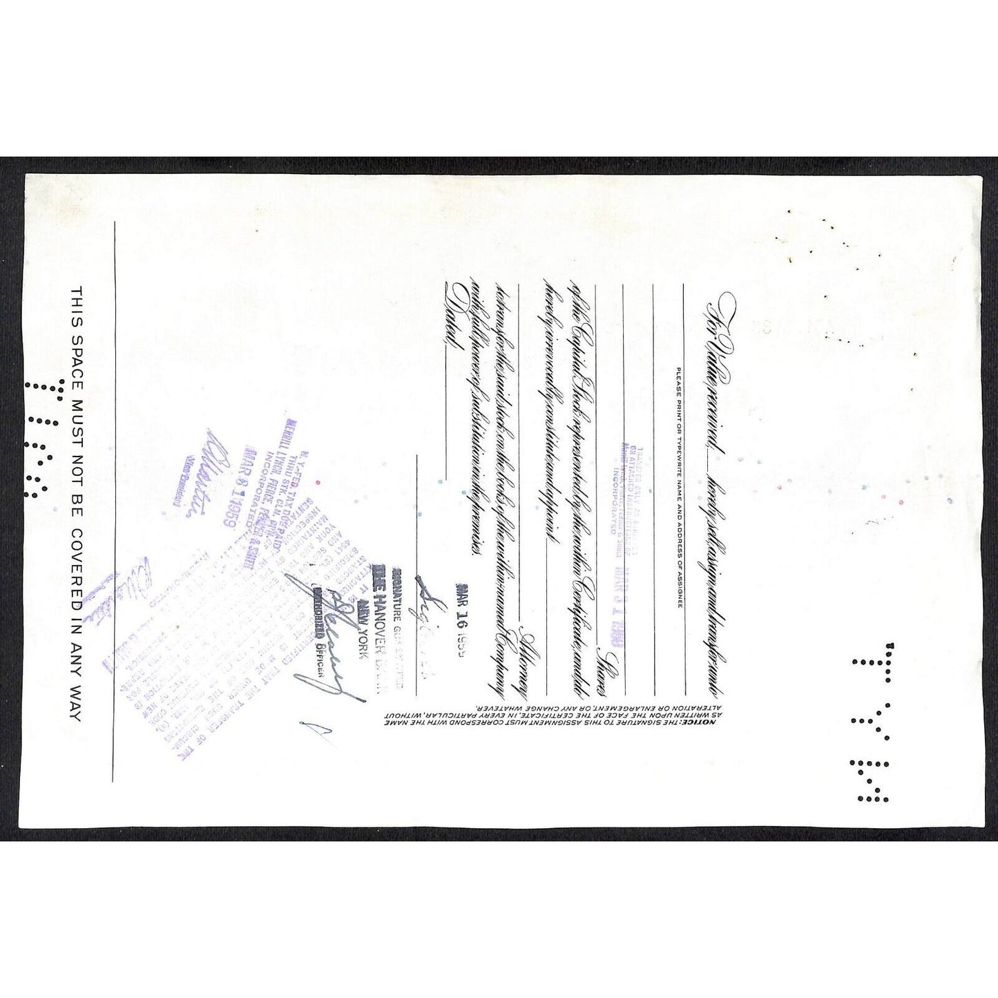 Irving Trust Company NY 1959 Stock Certificate to: Sigler & Co.