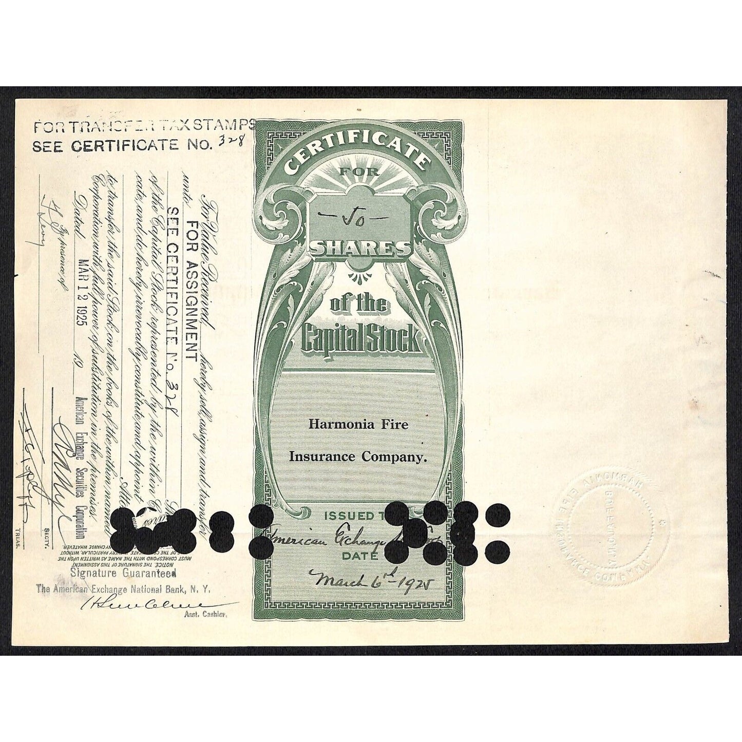 Harmonia Fire Insurance Co Buffalo, NY 1925 Stock Certificate #344