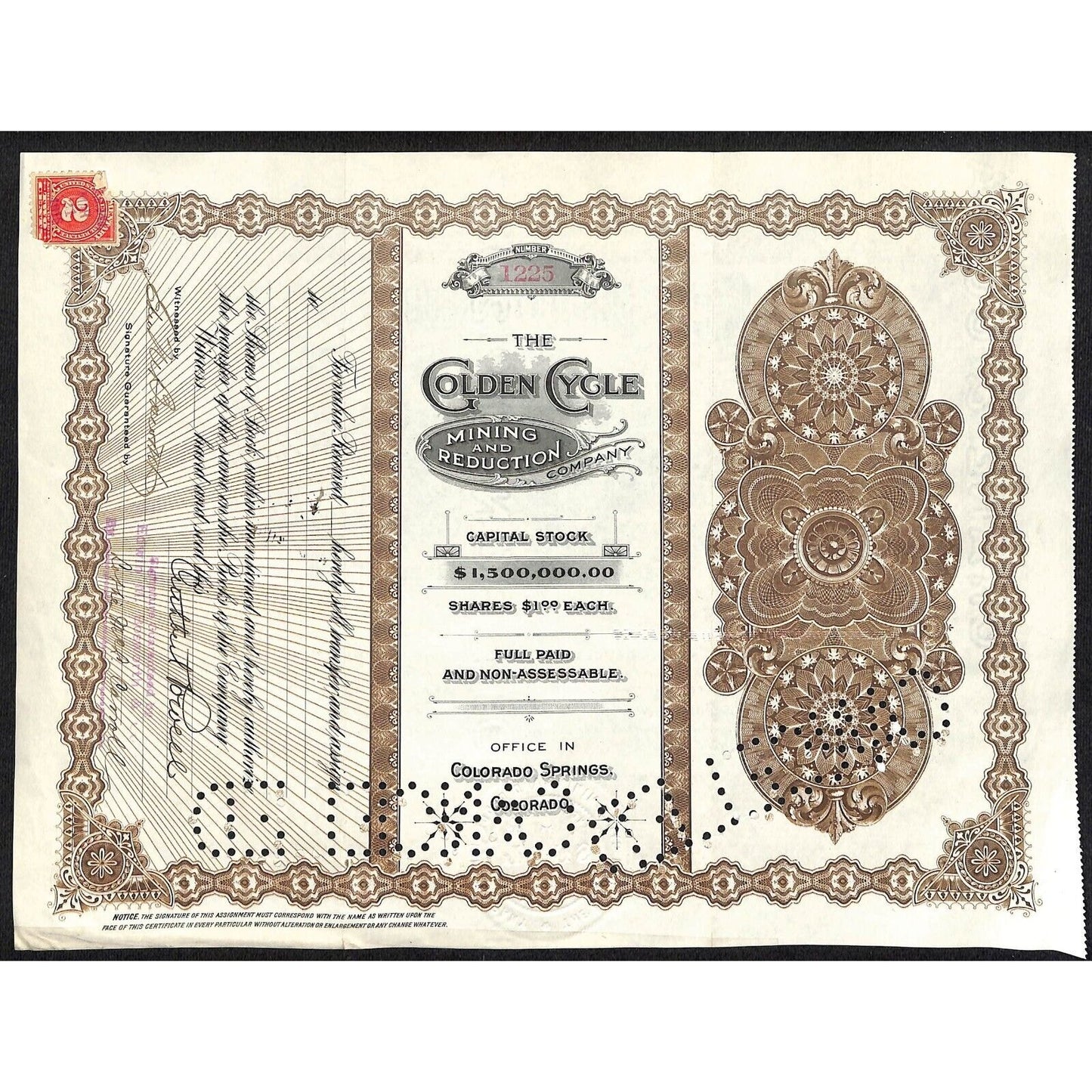 Golden Cycle Mining 1915 Stock Certificate w/ A.E. Carlton Sig. #1225