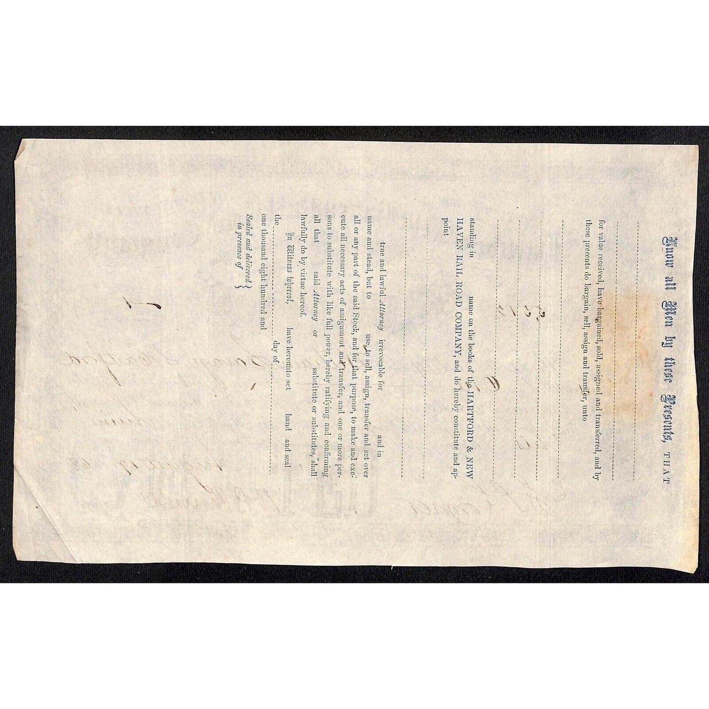 Hartford and New Haven Railroad 1868 Stock Certificate #5512 William Savage