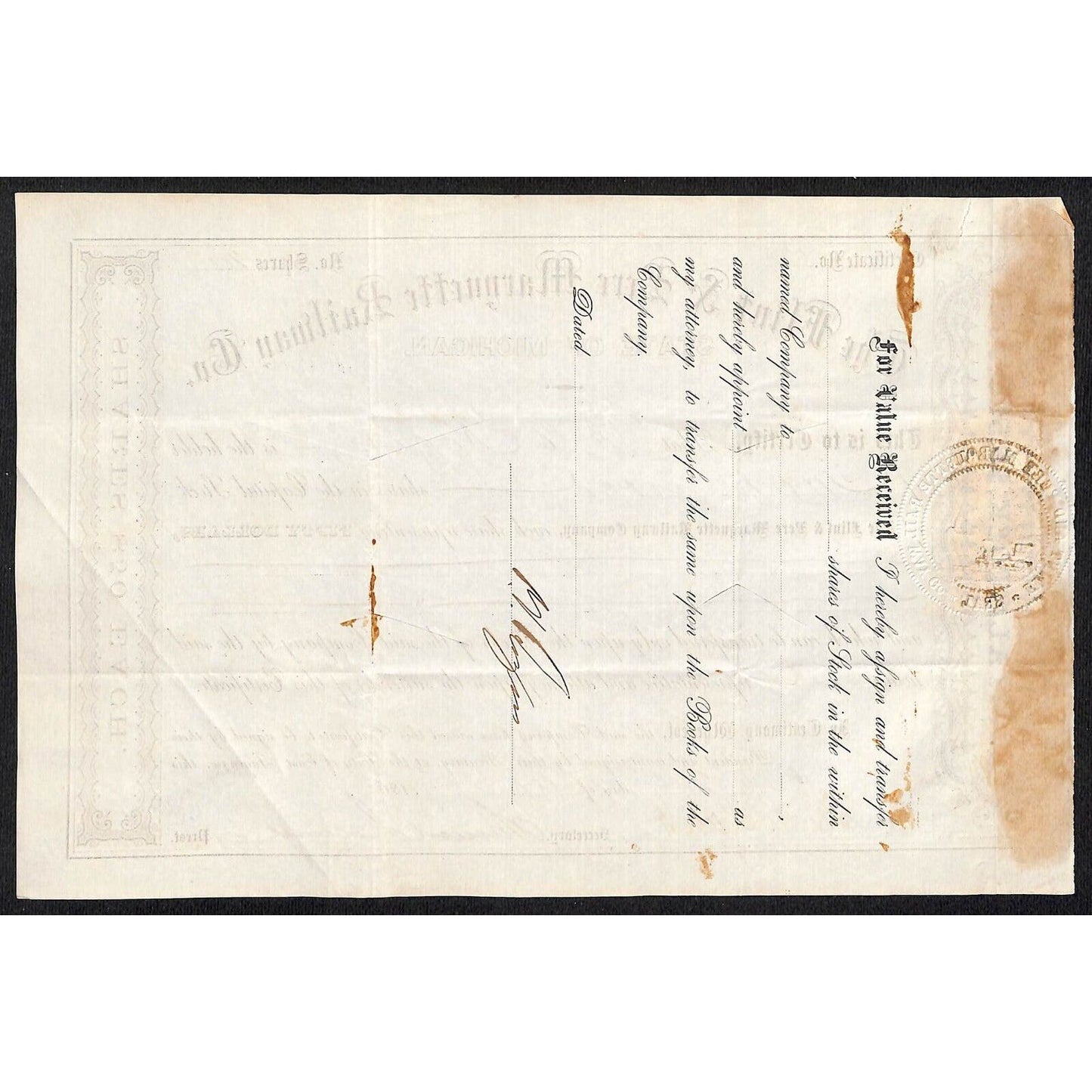 Flint & Pere Marquette Railway 1868 Stock Certificate to: P. V. Rogers ? #128