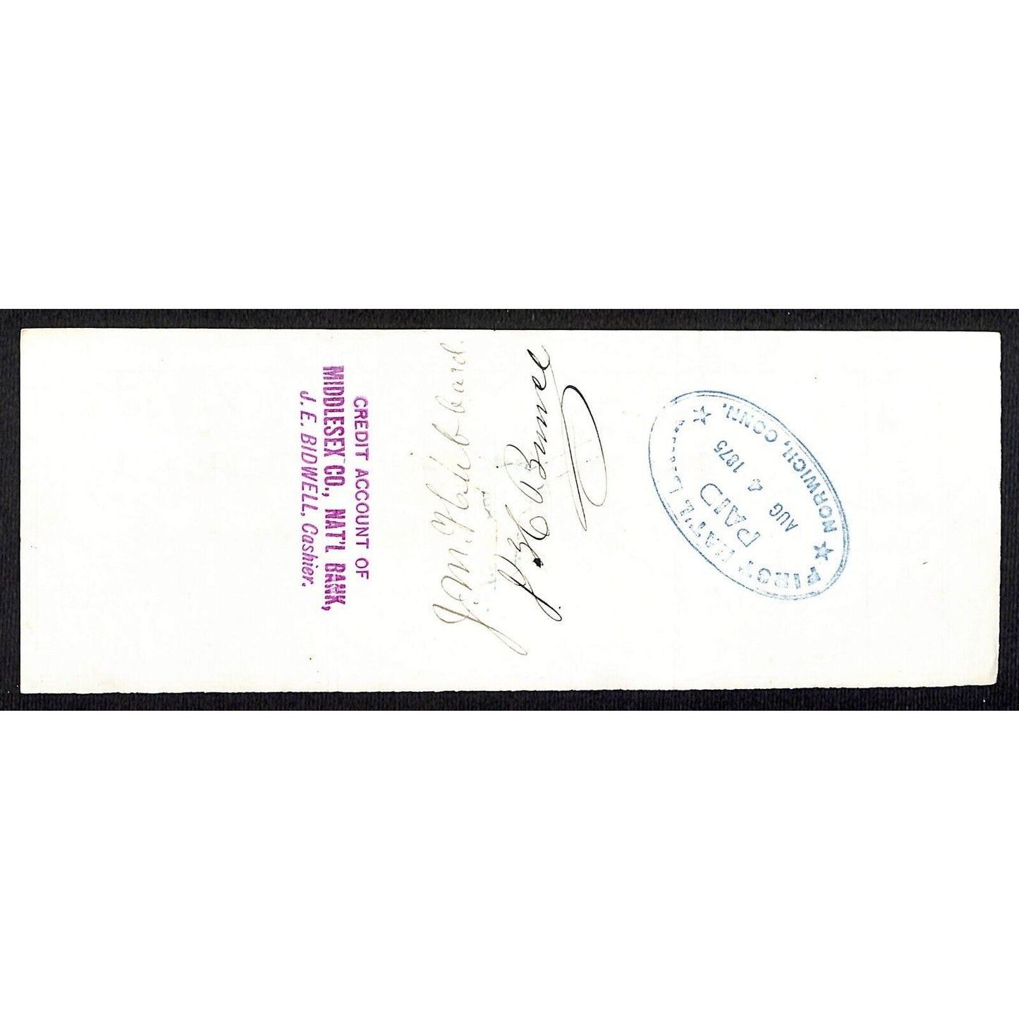 James A. Bill* 1875 Thames National Bank Lyme CT on Rev Stamp Check Stock (#1)