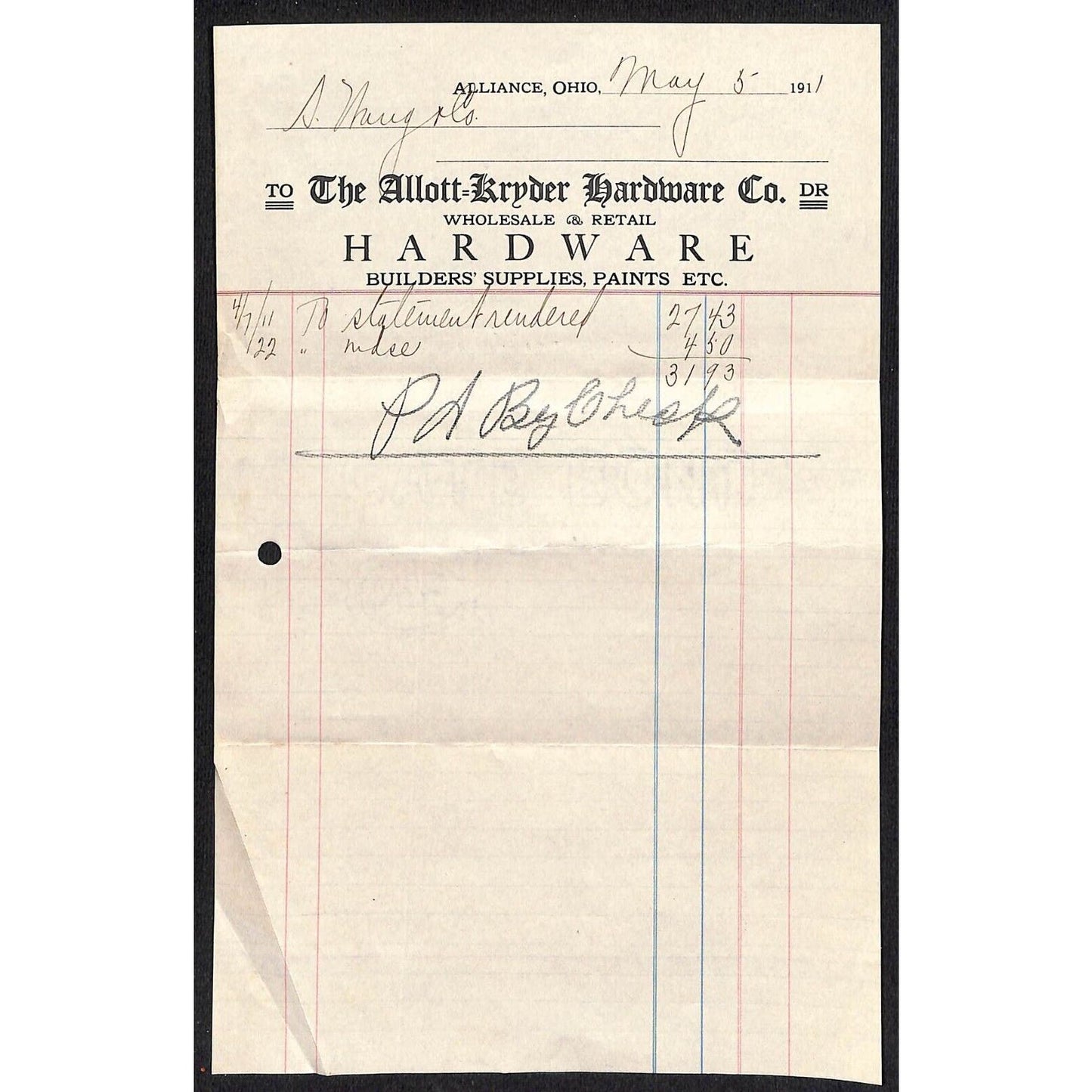 Allott- Kryder Hardware Samuel Wang Co* North Georgetown 1911 Billhead & Cover